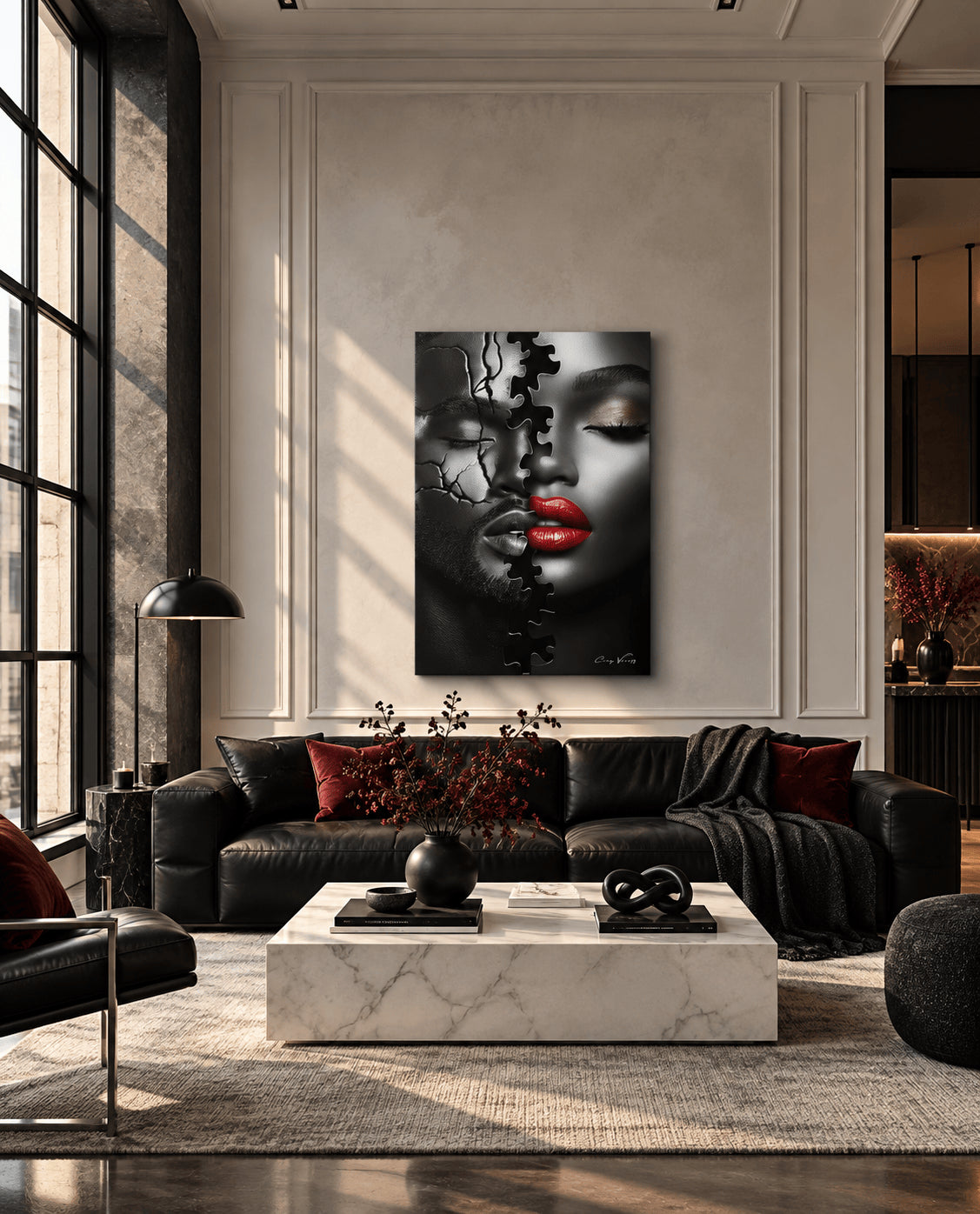 Complex by Harlem artist Corey Wesley above a black leather sofa in a paneled loft living room, Milton Wes Art NYC