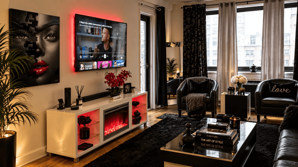 Complexity by Corey Wesley hanging to the left of the television in a black, white, and red living room.