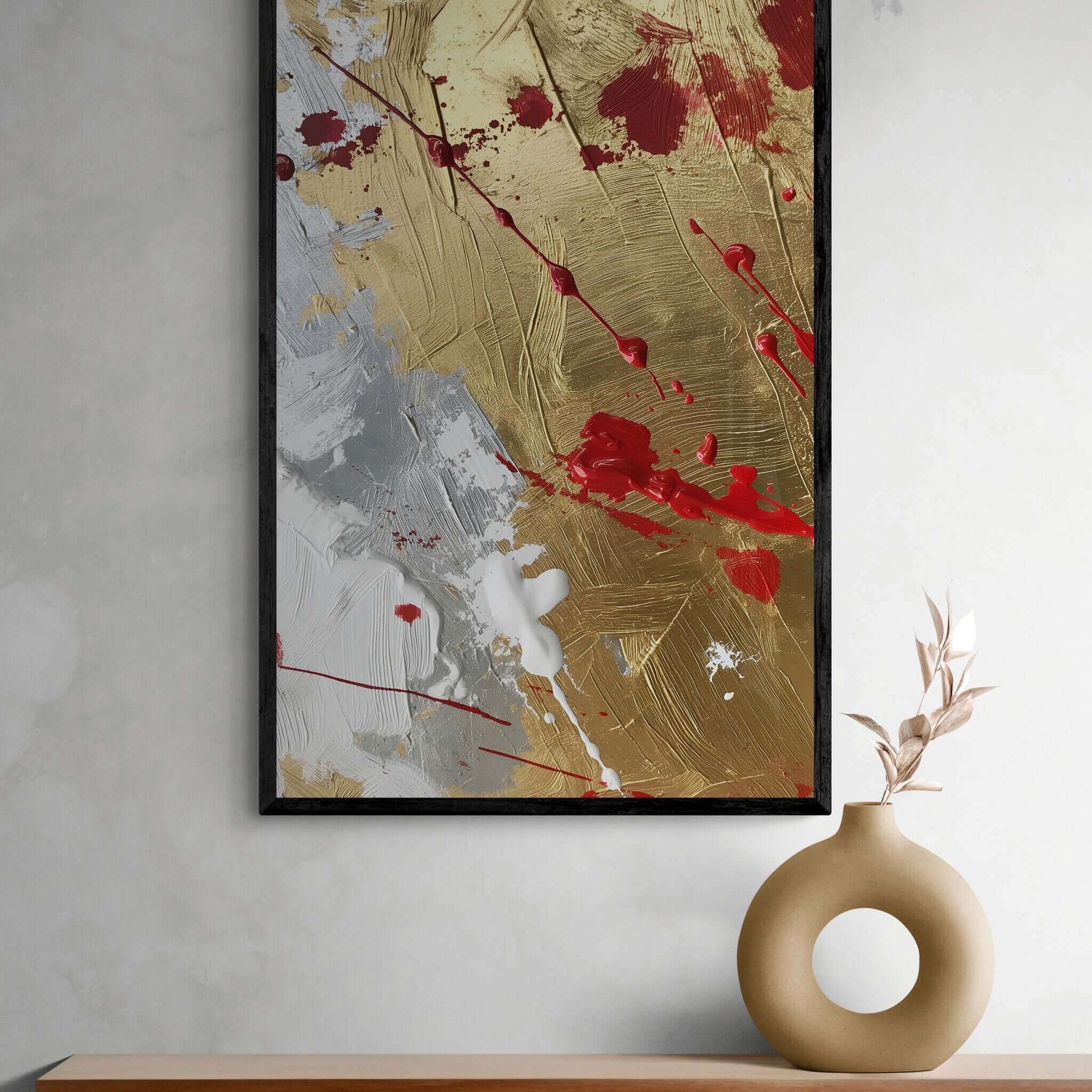 Dynamic African-American abstract artwork ‘Gilded Passion Abstract Canvas | Splattered Paint Wall Art’, printed on sleek metal for modern wall decor by Milton Wes Art.