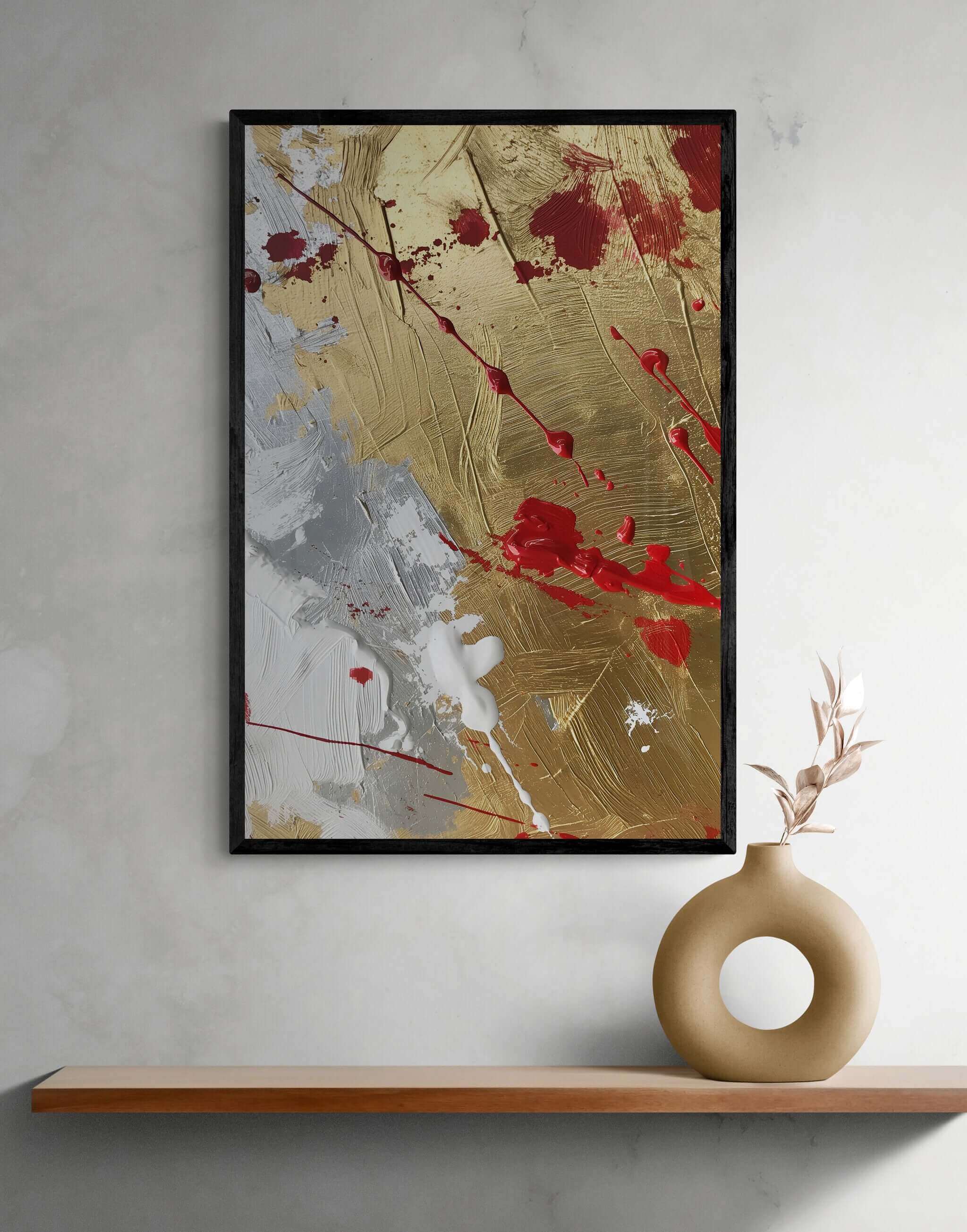 Dynamic African-American abstract artwork ‘Gilded Passion Abstract Canvas | Splattered Paint Wall Art’, printed on sleek metal for modern wall decor by Milton Wes Art.