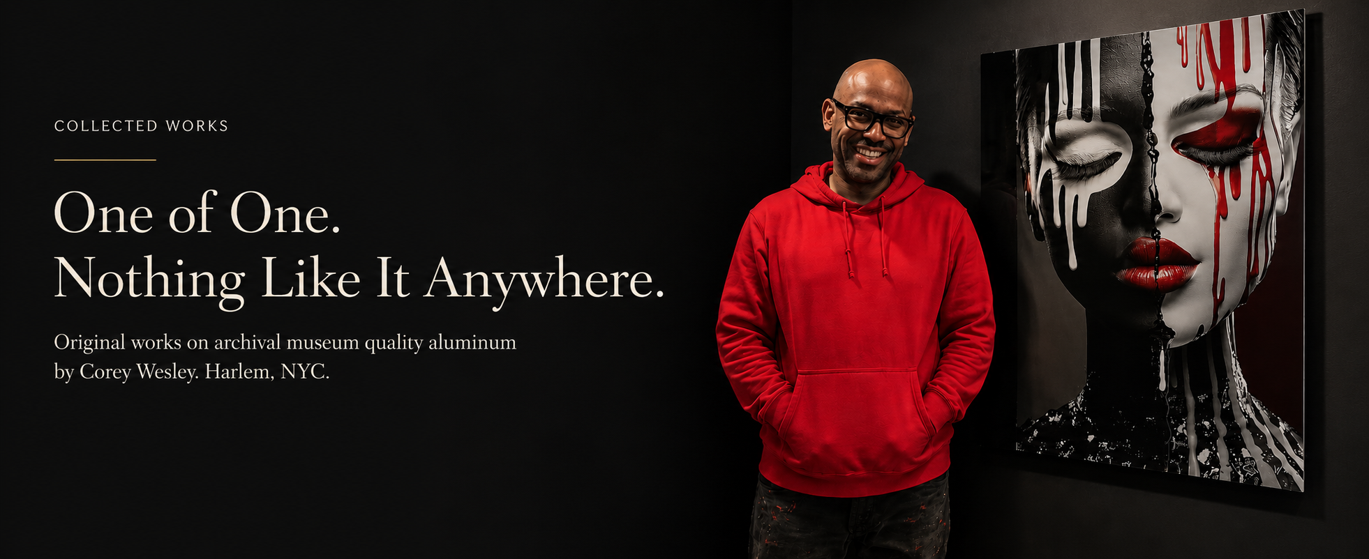 Corey Wesley, Harlem artist, standing beside a one of one work on archival museum quality aluminum from the Collected Works archive