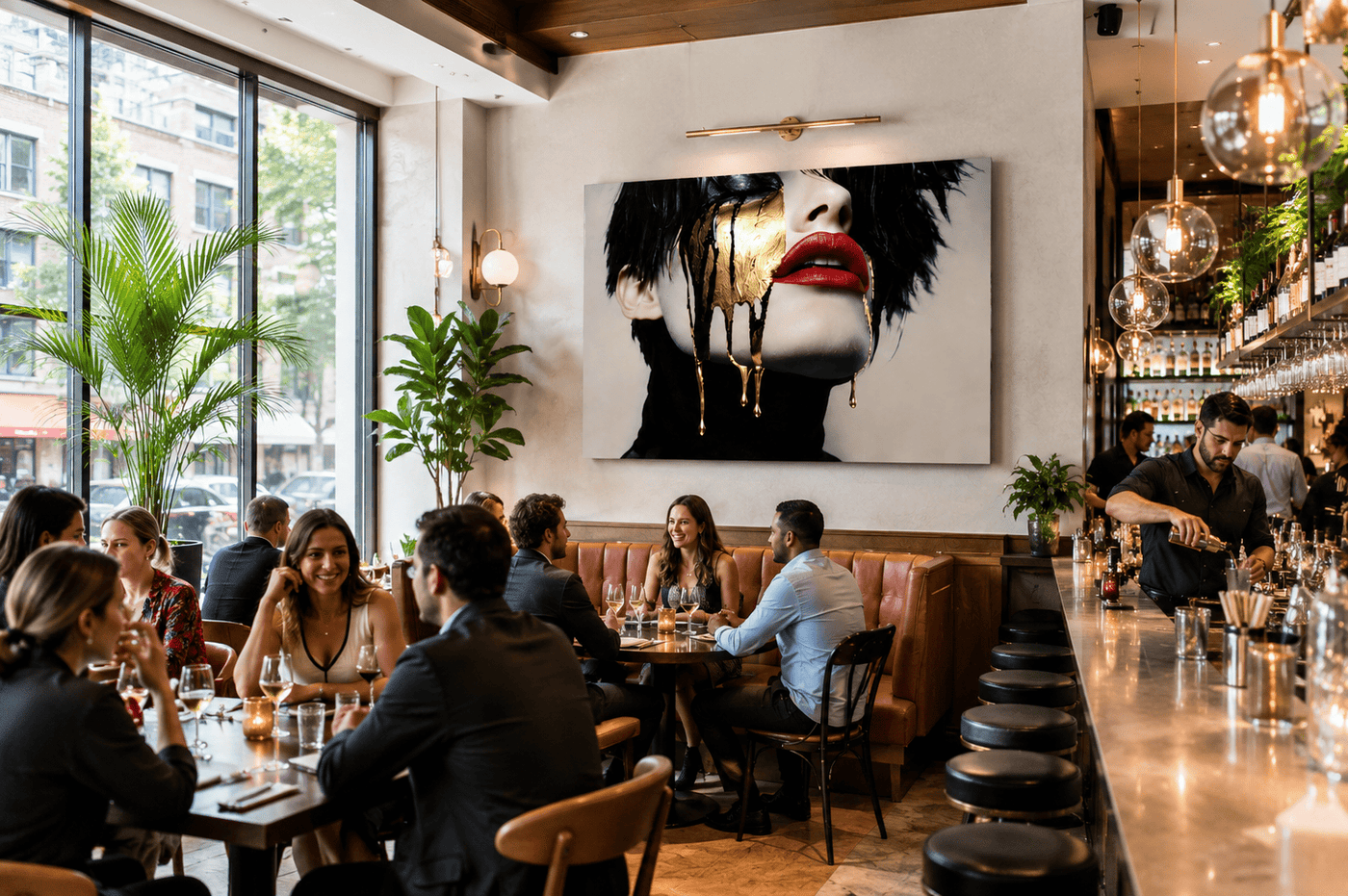 One-of-one contemporary work by Harlem artist Corey Wesley anchoring the wall of a lively NYC restaurant, gold and red drip face on archival aluminum, Milton Wes Art