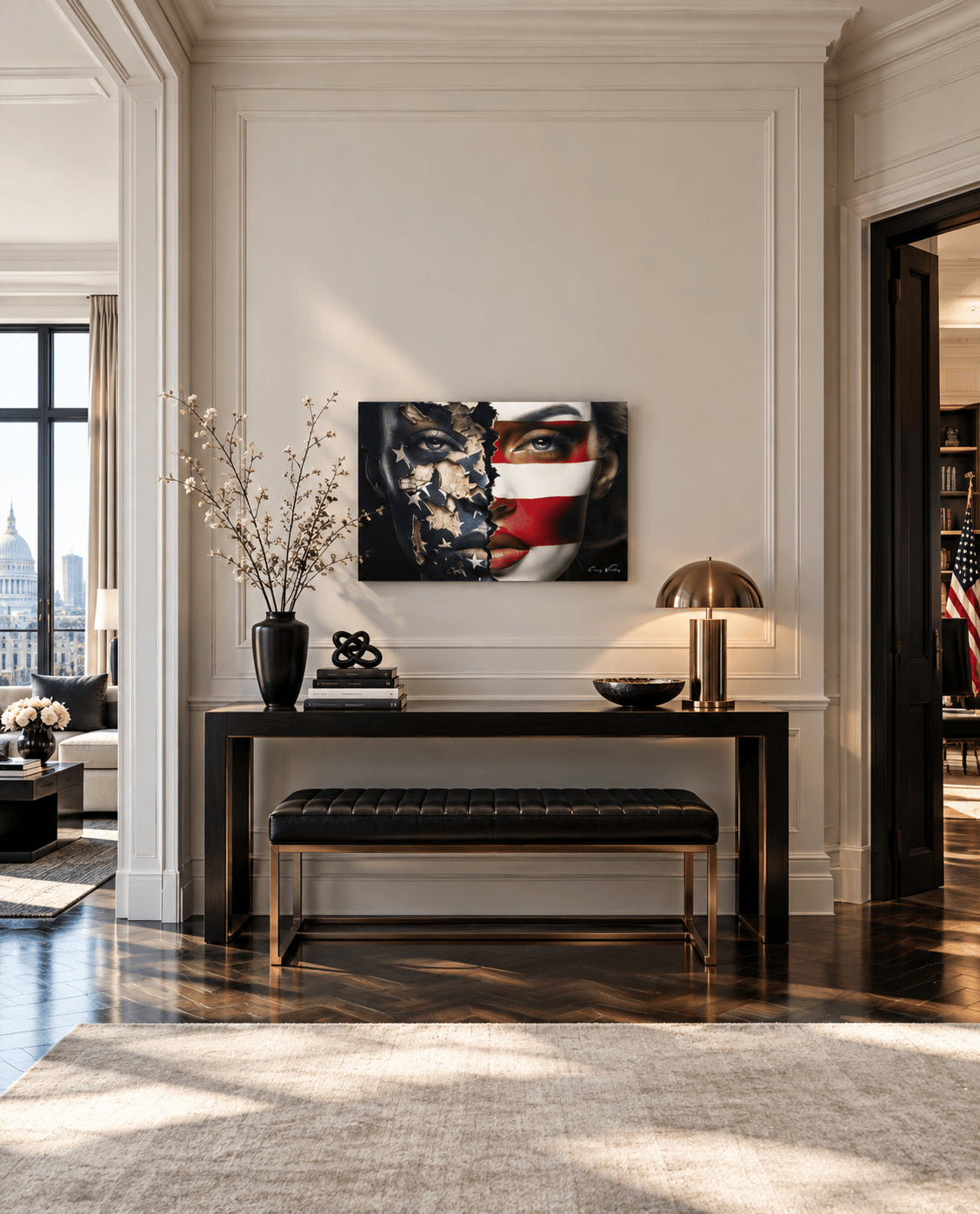 Fragmented Promises by Harlem artist Corey Wesley above a black console and leather bench in a paneled entry with an American flag beyond, Milton Wes Art NYC