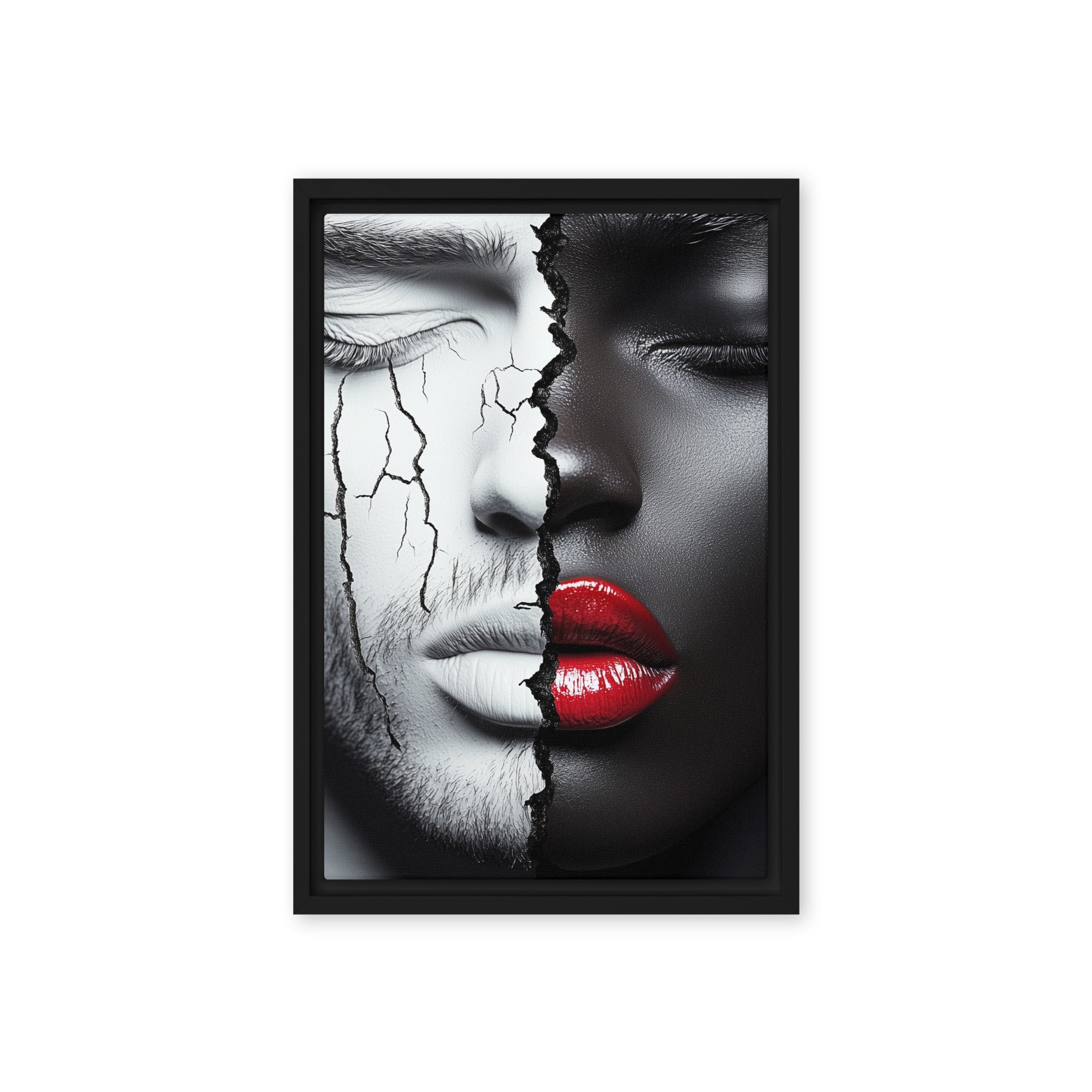 Dual Essence: Black and White Cracked Faces framed canvas art, Afrocentric home decor, abstract African-American art with bold contrasts.