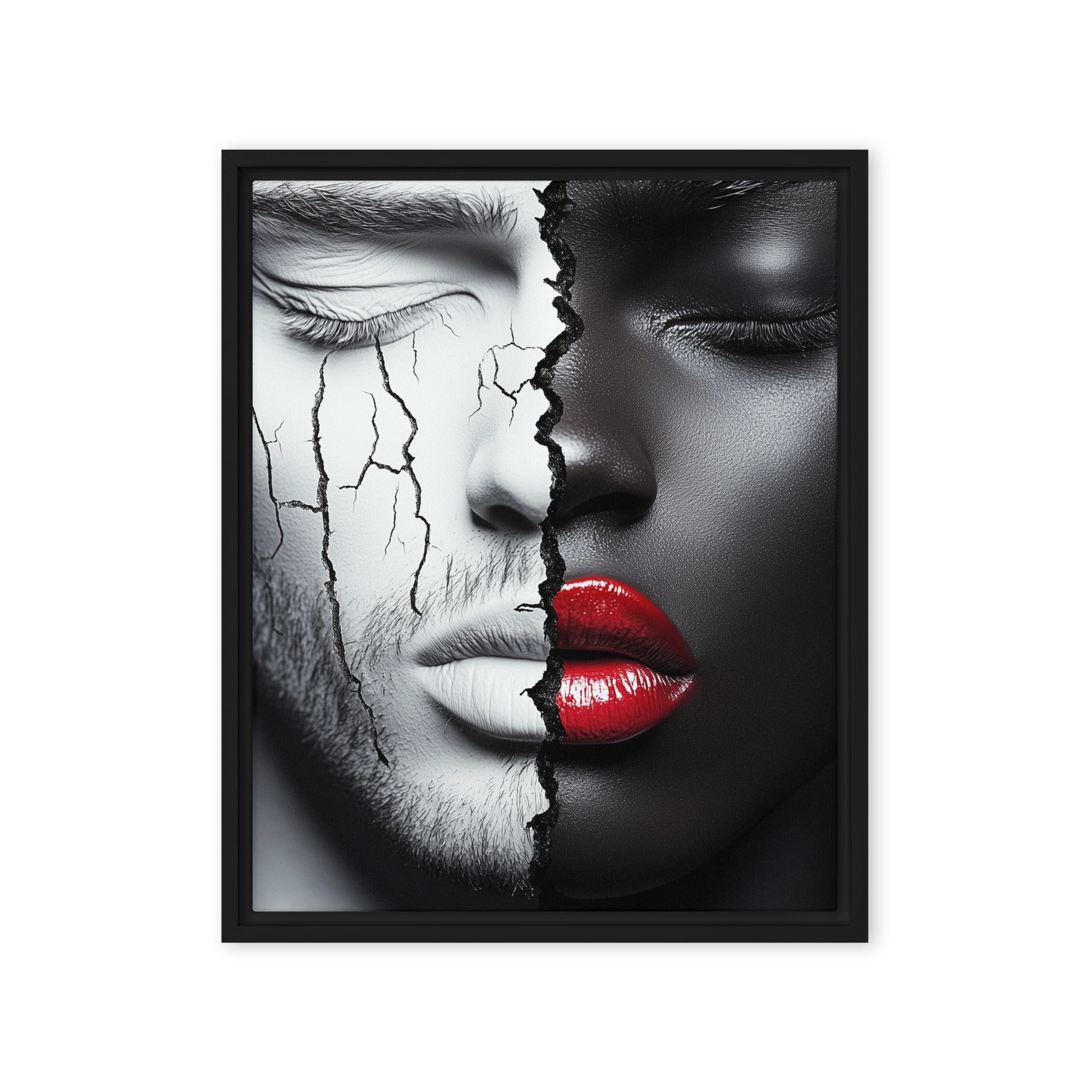 Dual Essence: Black and White Cracked Faces framed canvas art, featuring abstract African-American imagery and bold contrasts for modern Afrocentric decor.