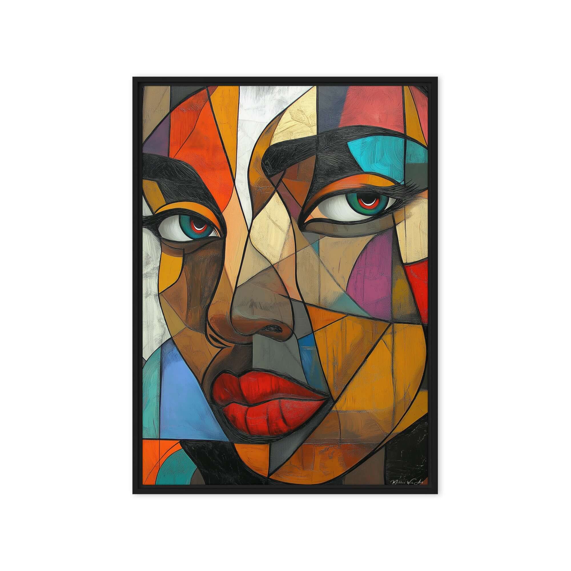 Modern abstract canvas art ‘Fragmented Reflection - Framed Abstract African-American Art’ by Milton Wes, blending dynamic shapes with vibrant African-inspired colors on Framed Canvas Print by Milton Wes Art.