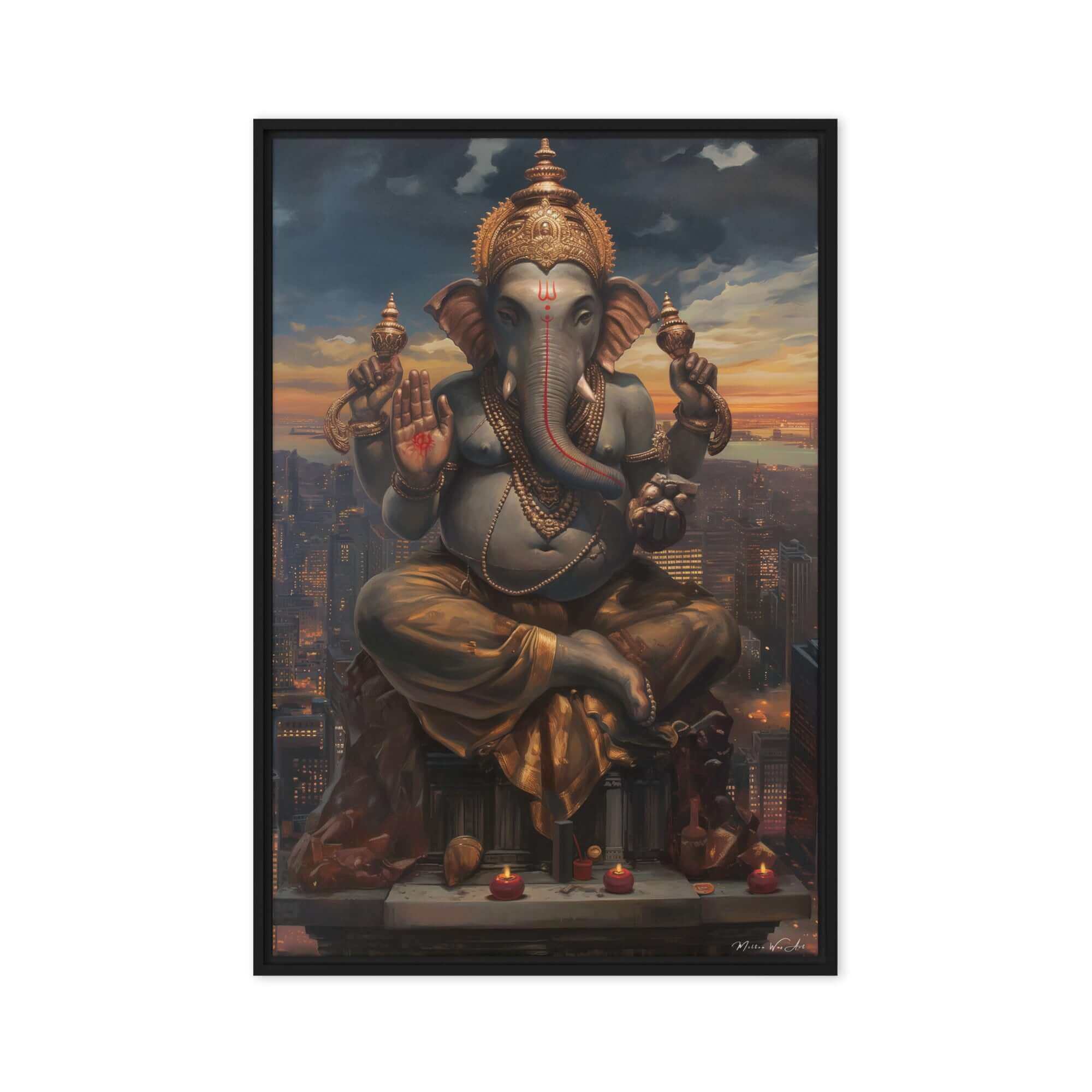 Sleek, contemporary artwork ‘Divine Ganesha Cityscape Canvas | Modern Spiritual Wall Art’, showcasing bold abstract forms and modern design, perfect for modern homes by Milton Wes Art.