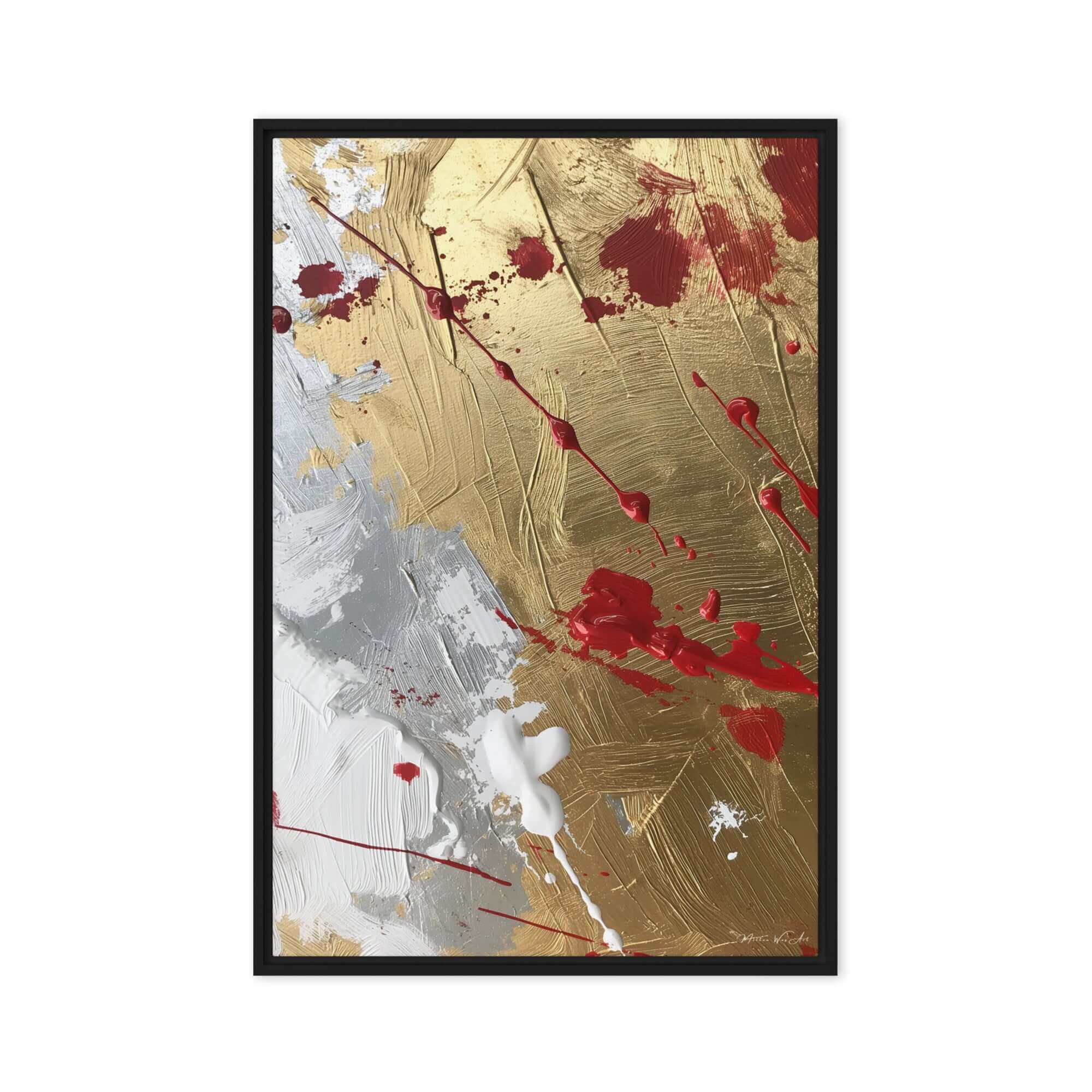 Dynamic African-American abstract artwork ‘Gilded Passion Abstract Canvas | Splattered Paint Wall Art’, printed on sleek metal for modern wall decor by Milton Wes Art.