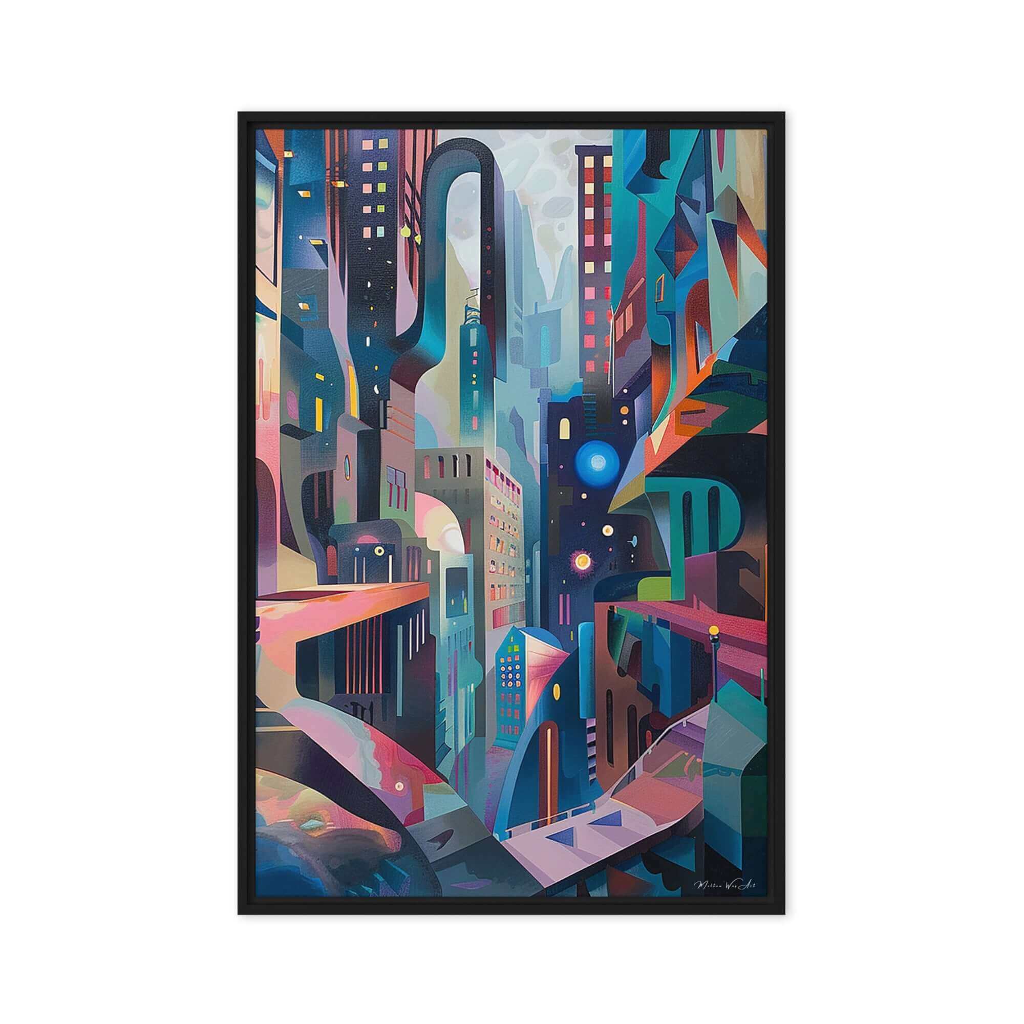 Dynamic African-American abstract artwork ‘Dreamscape Metropolis Framed Canvas | NYC Skyline Wall Art’, printed on sleek metal for modern wall decor by Milton Wes Art.