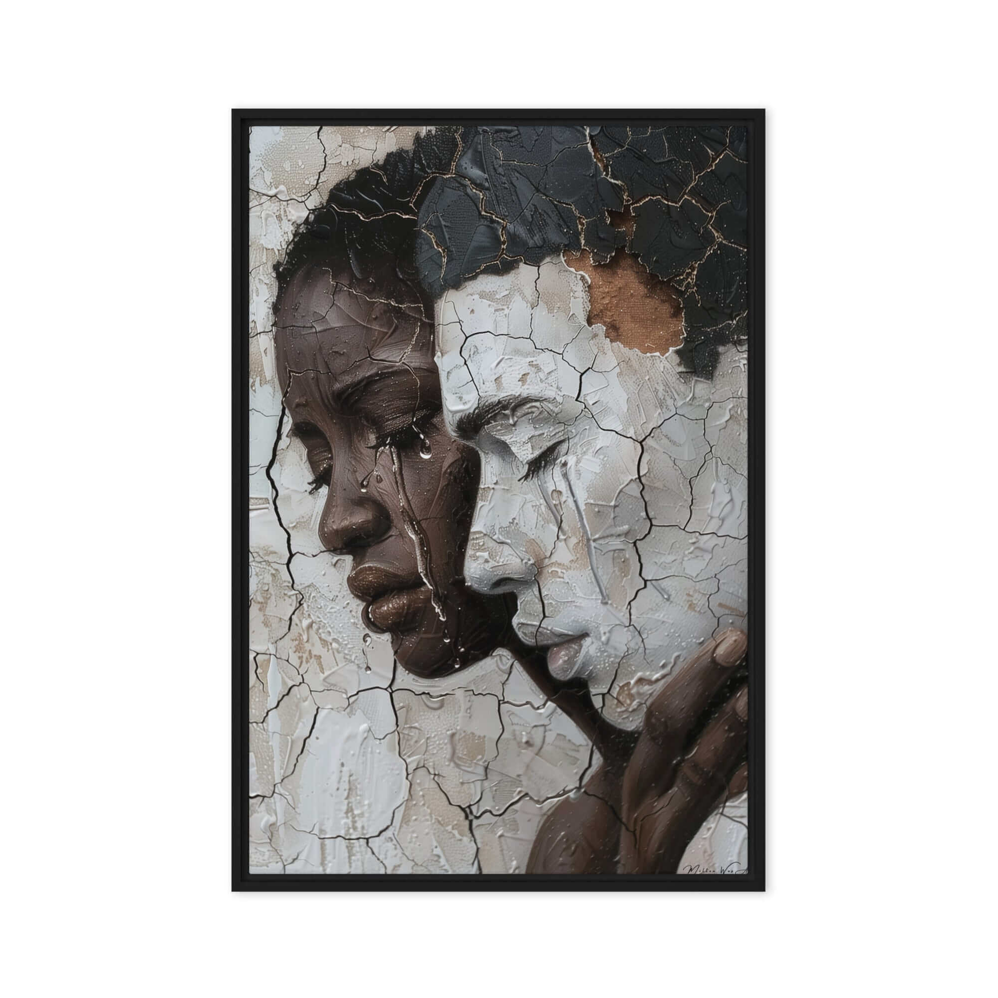 Dynamic abstract piece ‘Complexity of Black Love Identity | Framed Canvas Wall Art’ with vibrant colors and powerful imagery of African-American themes, ideal for home decor by Milton Wes Art.