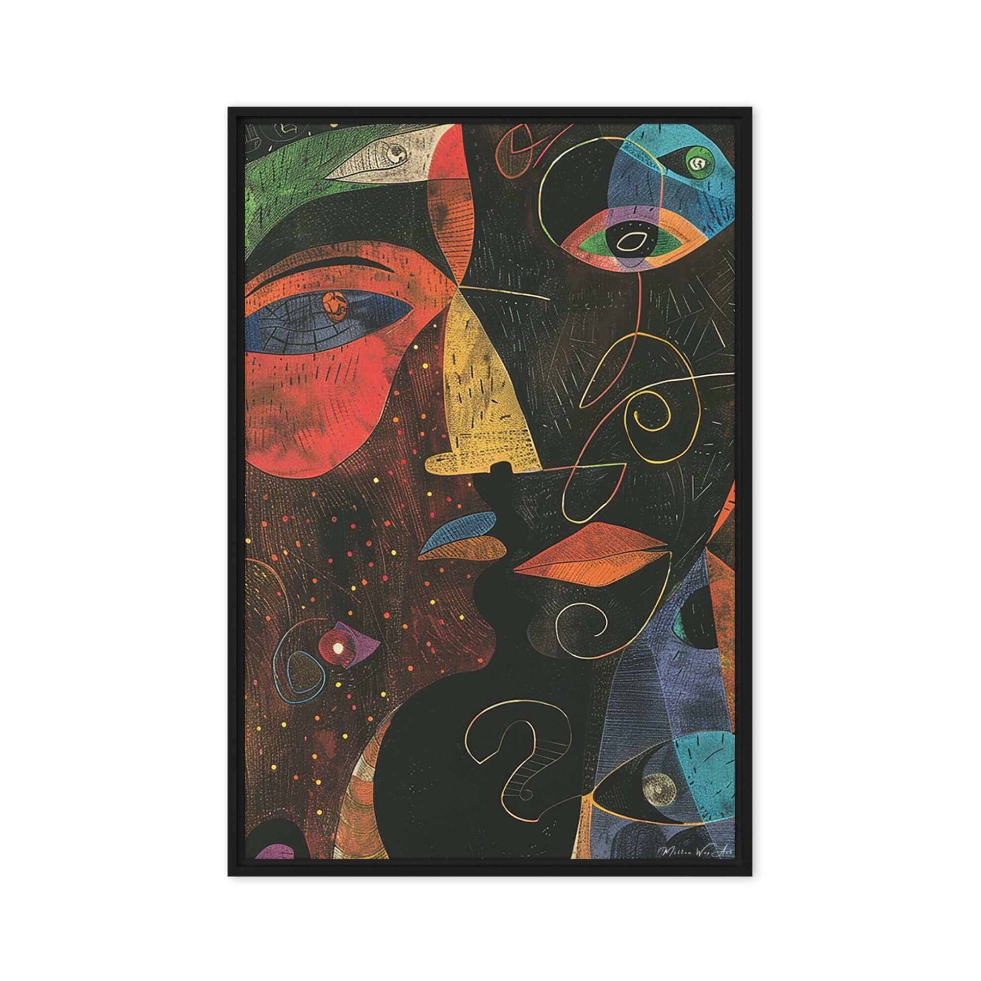 Dynamic abstract piece ‘Mystery in Colors Canvas | African-American Abstract Wall Art’ with vibrant colors and powerful imagery of African-American themes, ideal for home decor by Milton Wes Art.