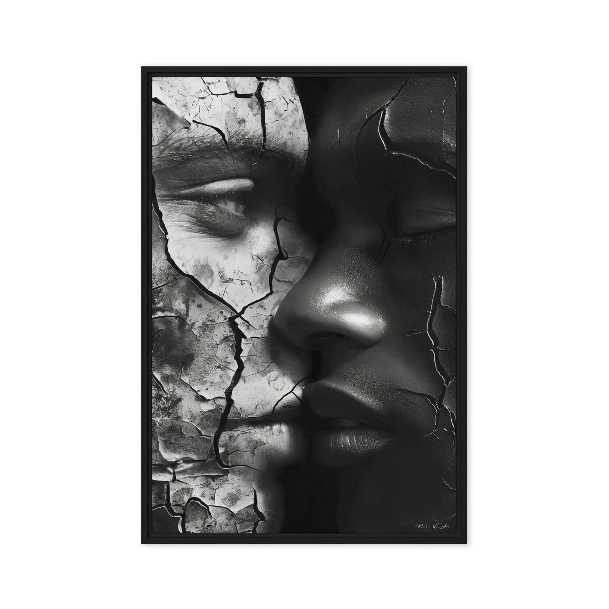 Dynamic abstract piece ‘Cracked Face Canvas Art | African-American Abstract Wall Decor’ with vibrant colors and powerful imagery of African-American themes, ideal for home decor by Milton Wes Art.