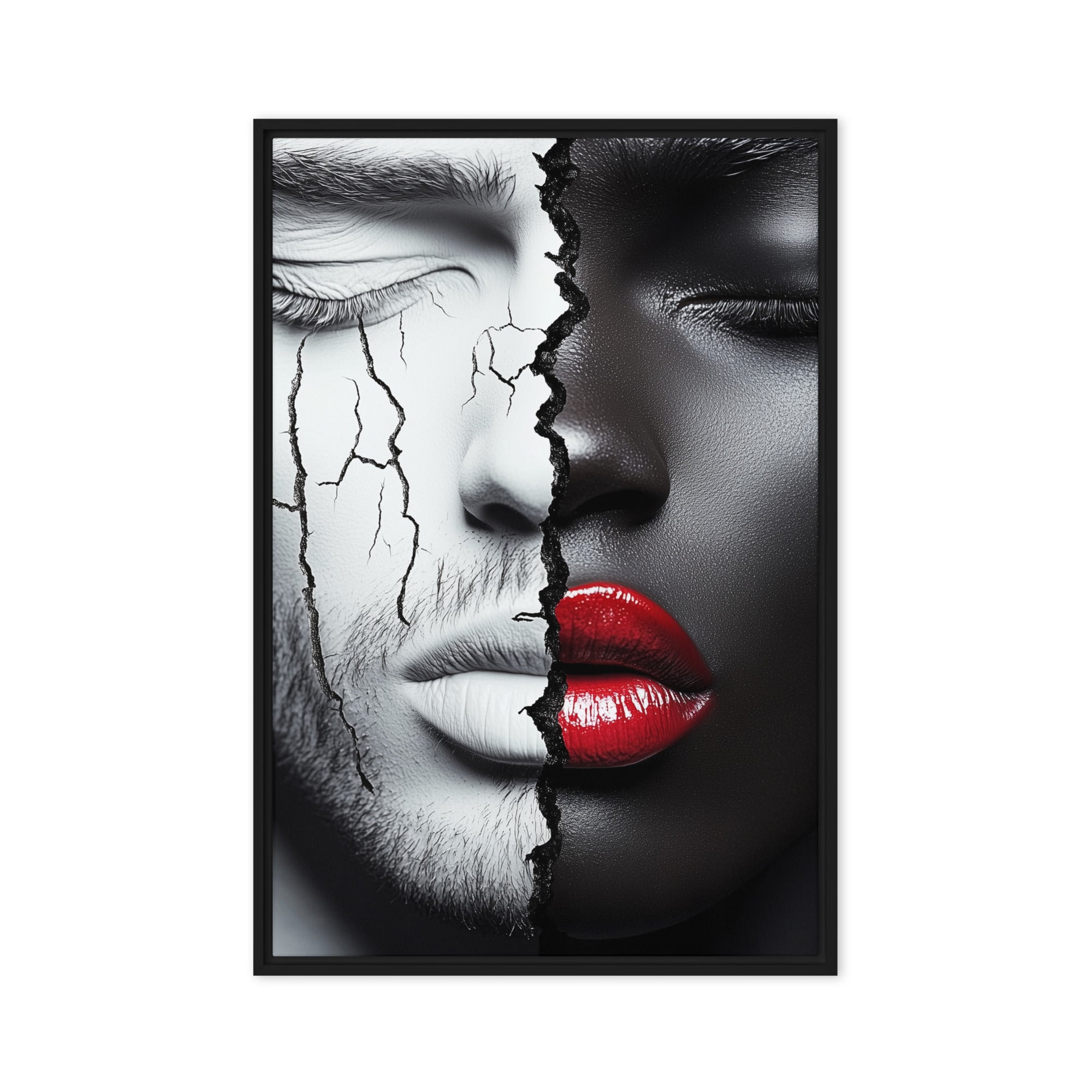 Dual Essence: Black and White Cracked Faces – Framed Canvas Art featuring African-American abstract imagery with bold contrasts and red lips.