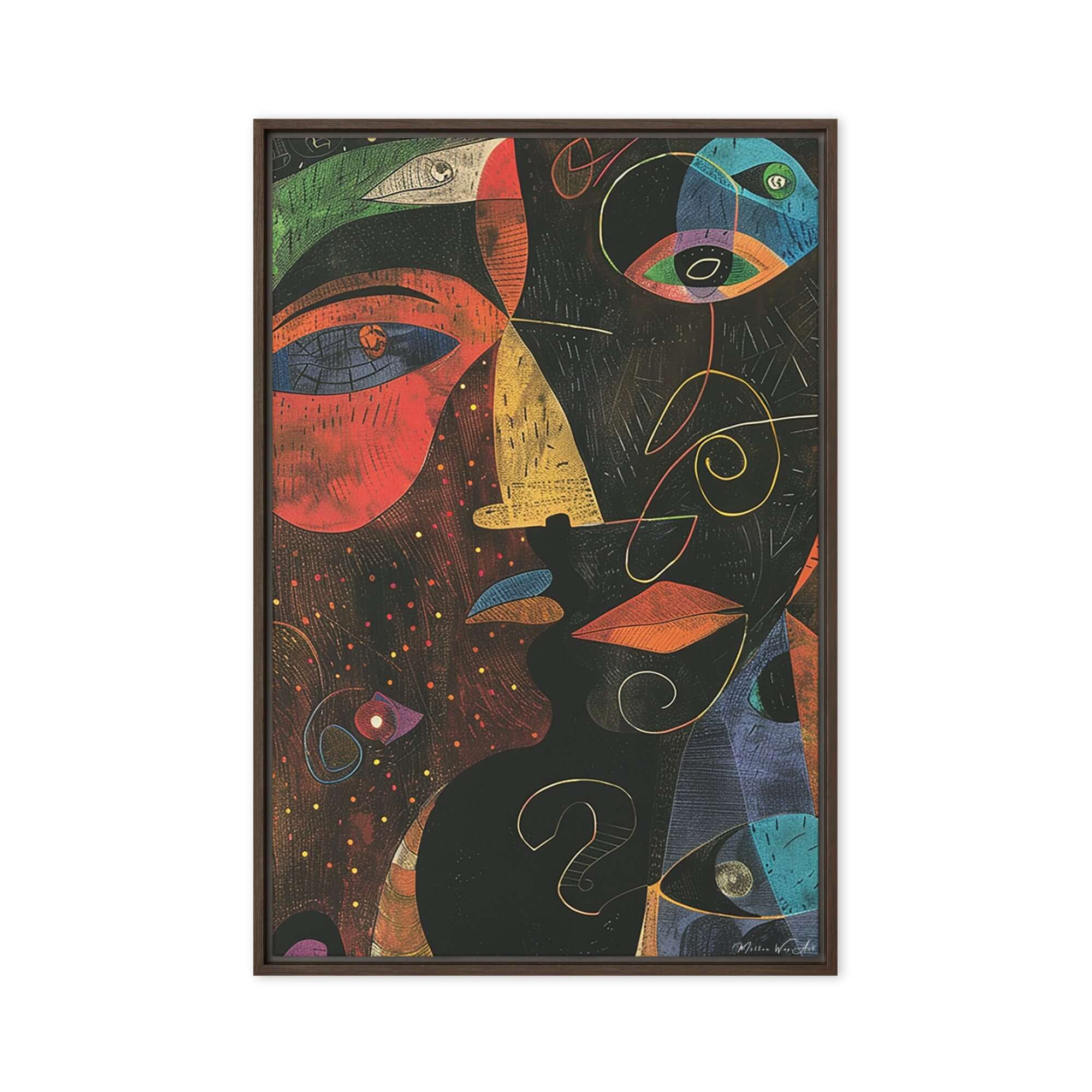 Dynamic abstract piece ‘Mystery in Colors Canvas | African-American Abstract Wall Art’ with vibrant colors and powerful imagery of African-American themes, ideal for home decor by Milton Wes Art.