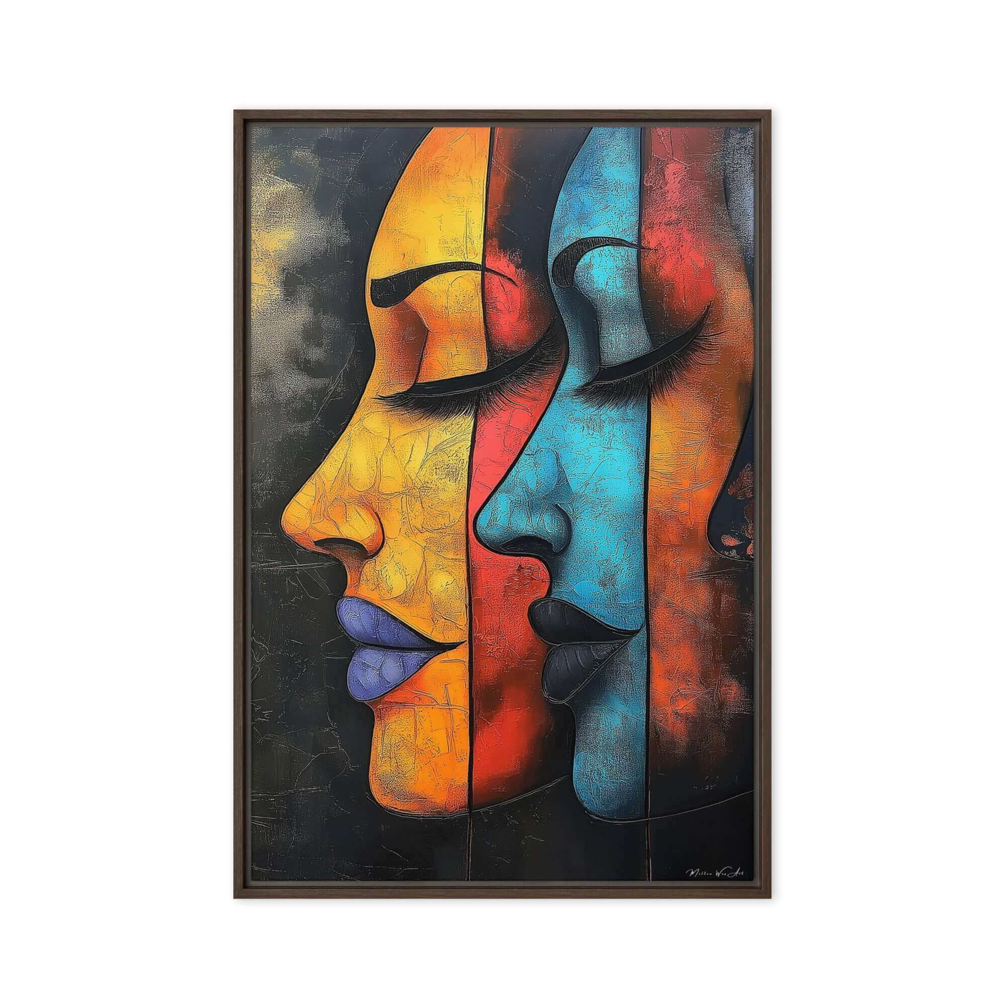 Modern abstract canvas art ‘Dual Visions Framed Canvas | Abstract African-American Art’ by Milton Wes, blending dynamic shapes with vibrant African-inspired colors on Framed Canvas Print by Milton Wes Art.