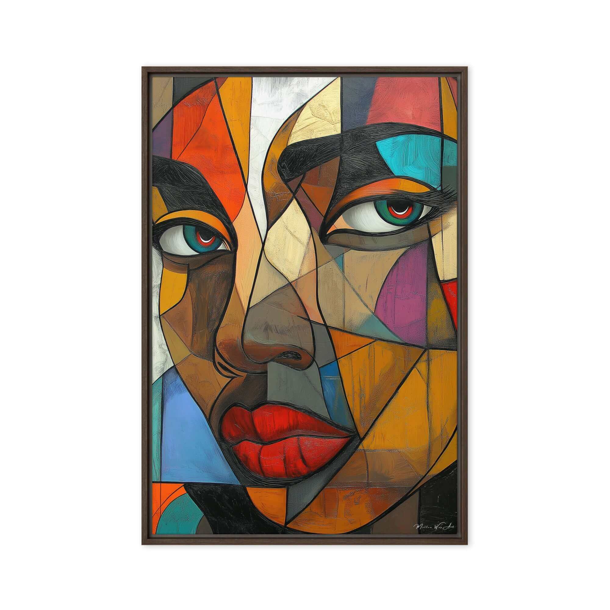 Modern abstract canvas art ‘Fragmented Reflection - Framed Abstract African-American Art’ by Milton Wes, blending dynamic shapes with vibrant African-inspired colors on Framed Canvas Print by Milton Wes Art.