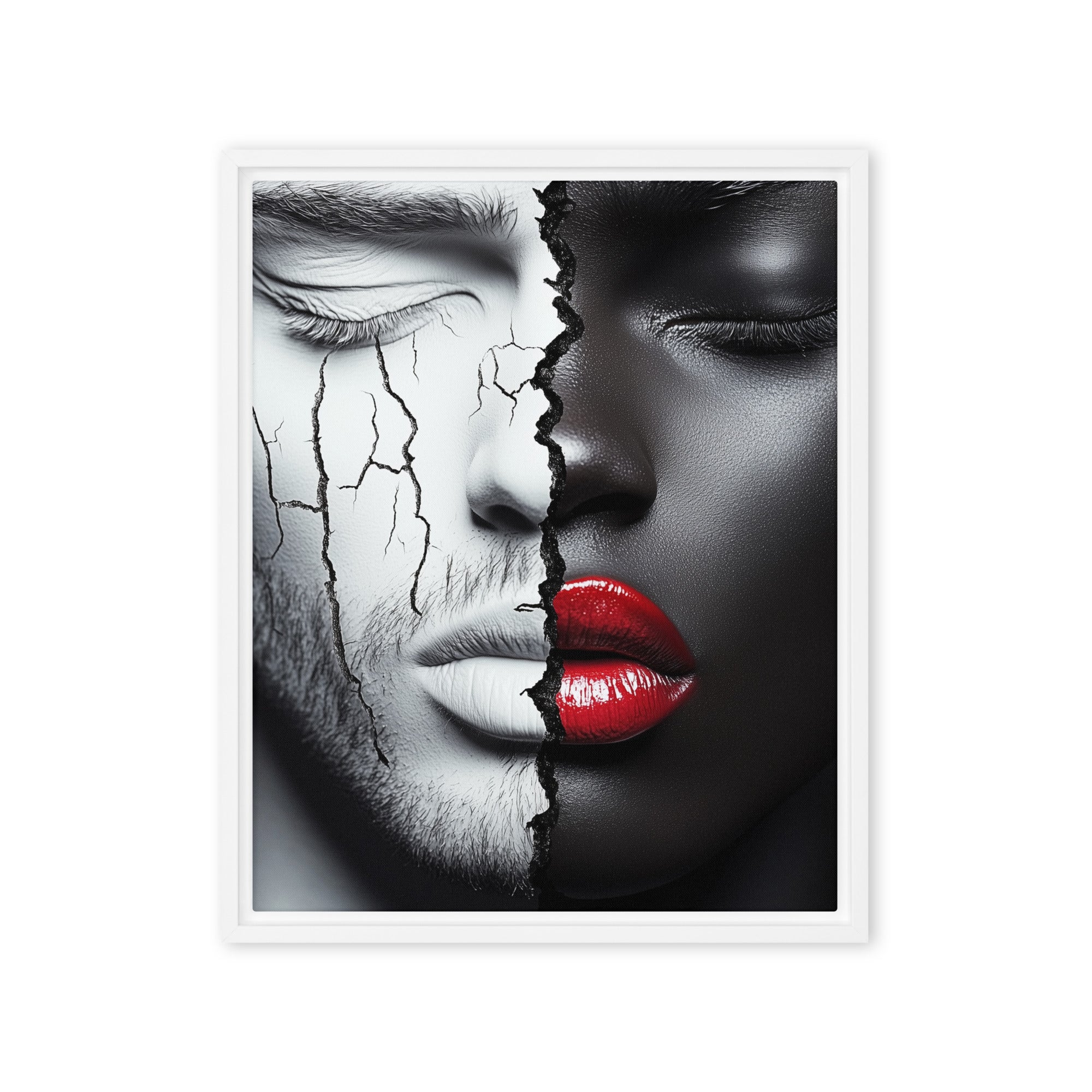 Dual Essence framed canvas art featuring black and white cracked faces with red lips, showcasing Afrocentric abstract design for modern home decor