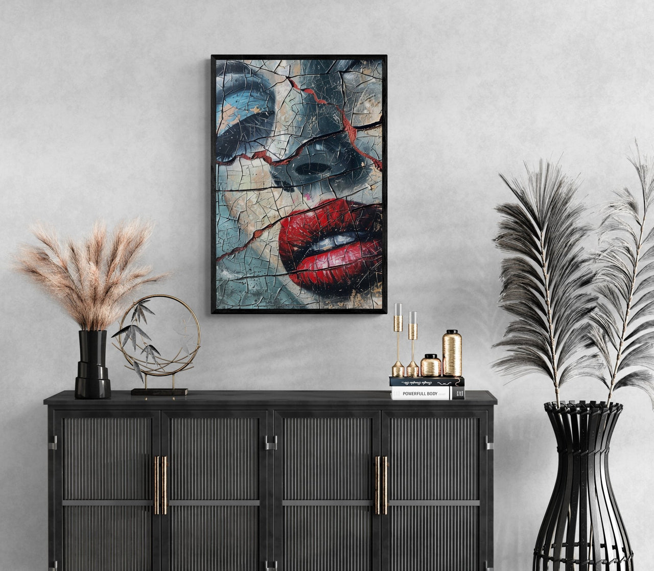 Dramatic framed canvas print from Milton Wes Art, showcasing a cracked effect over a woman's red-lipped mouth and nose, enhancing an elegant space with contemporary furnishings, available at miltonwesart.com, Harlem NYC