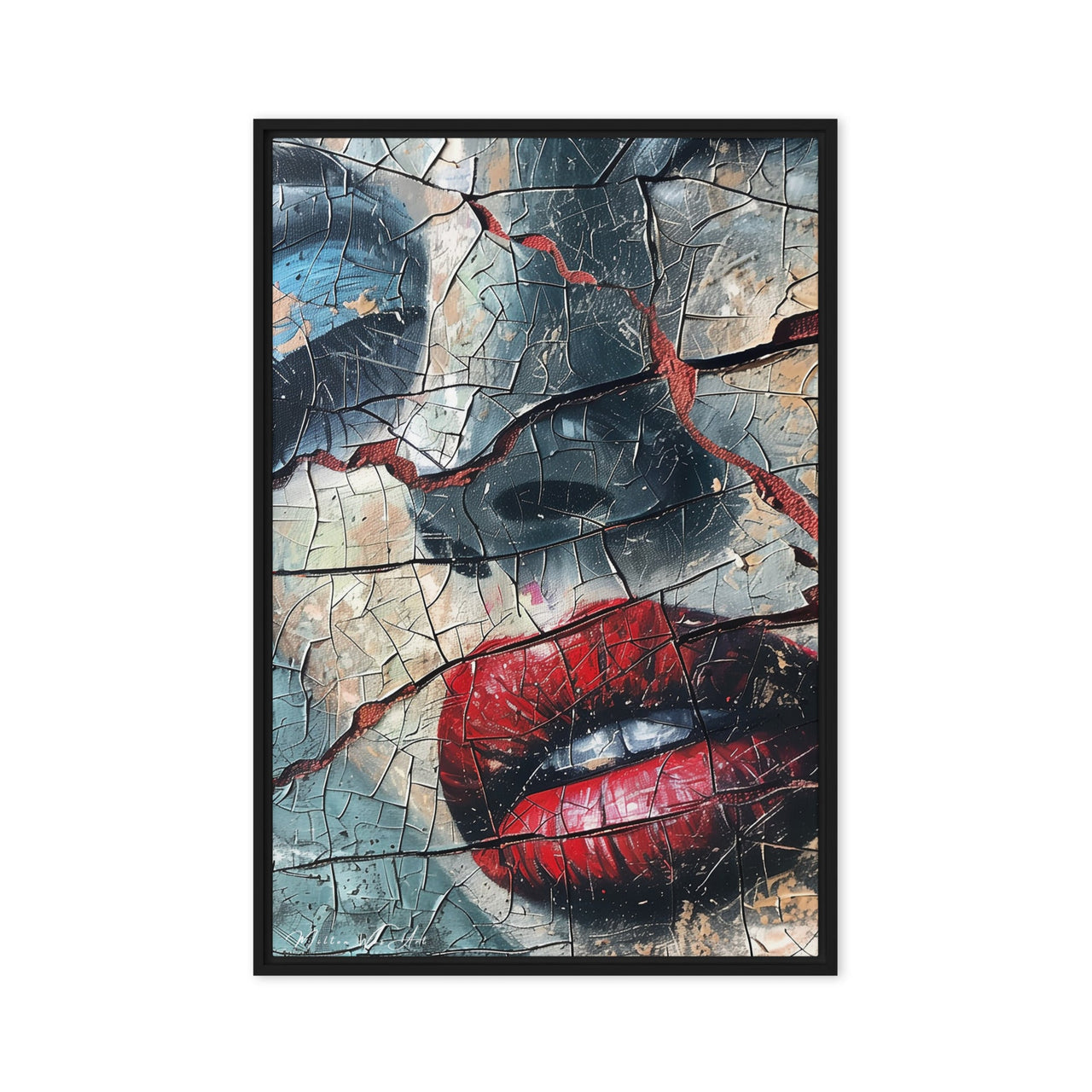 Dramatic framed canvas print from Milton Wes Art, showcasing a cracked effect over a woman's red-lipped mouth and nose, enhancing an elegant space with contemporary furnishings, available at miltonwesart.com, Harlem NYC