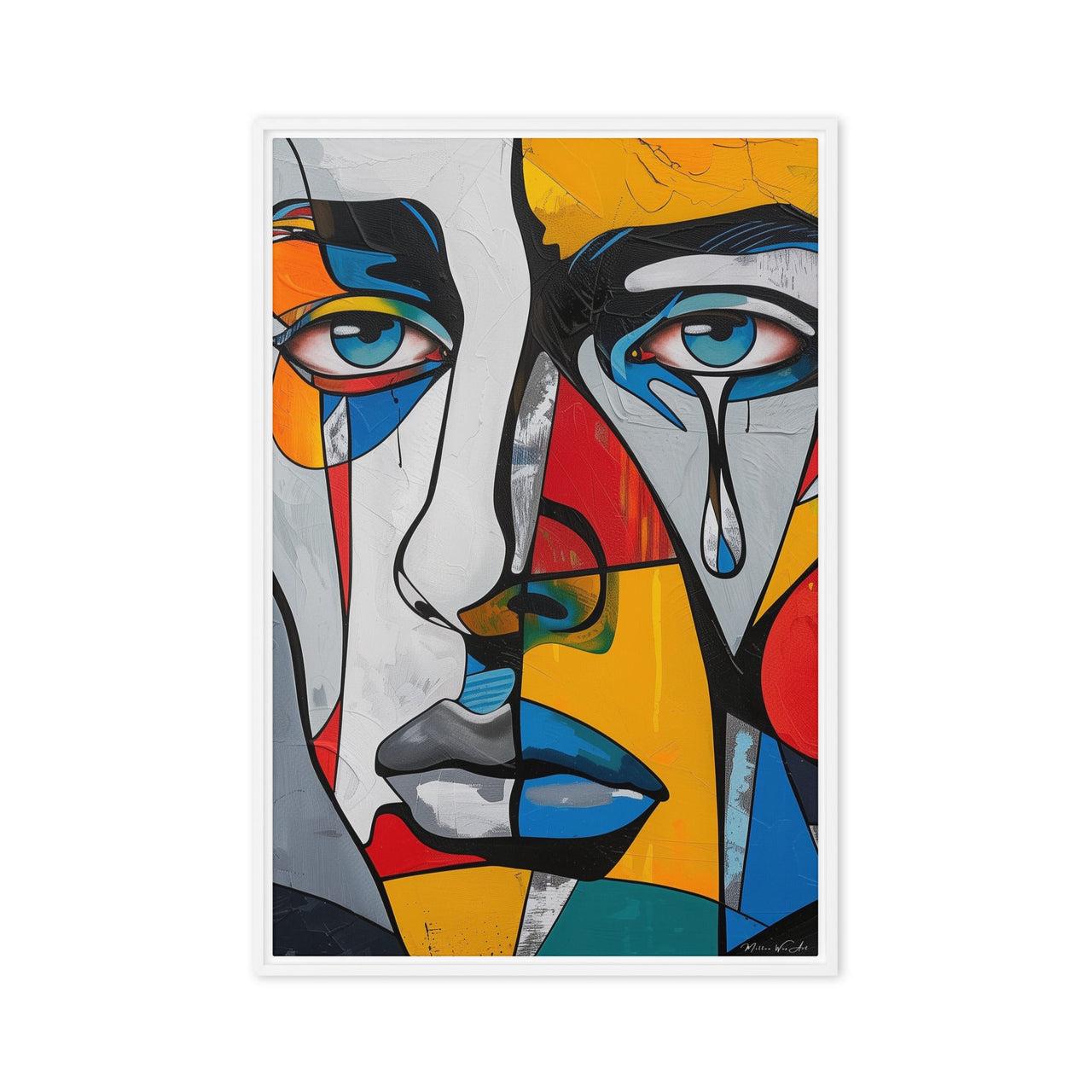 Modern abstract face painting with bold blue, yellow, and red accents from Milton Wes Art, bringing a touch of contemporary artistry to a sleek bedroom with dark walls and winter scenery visible through the window.