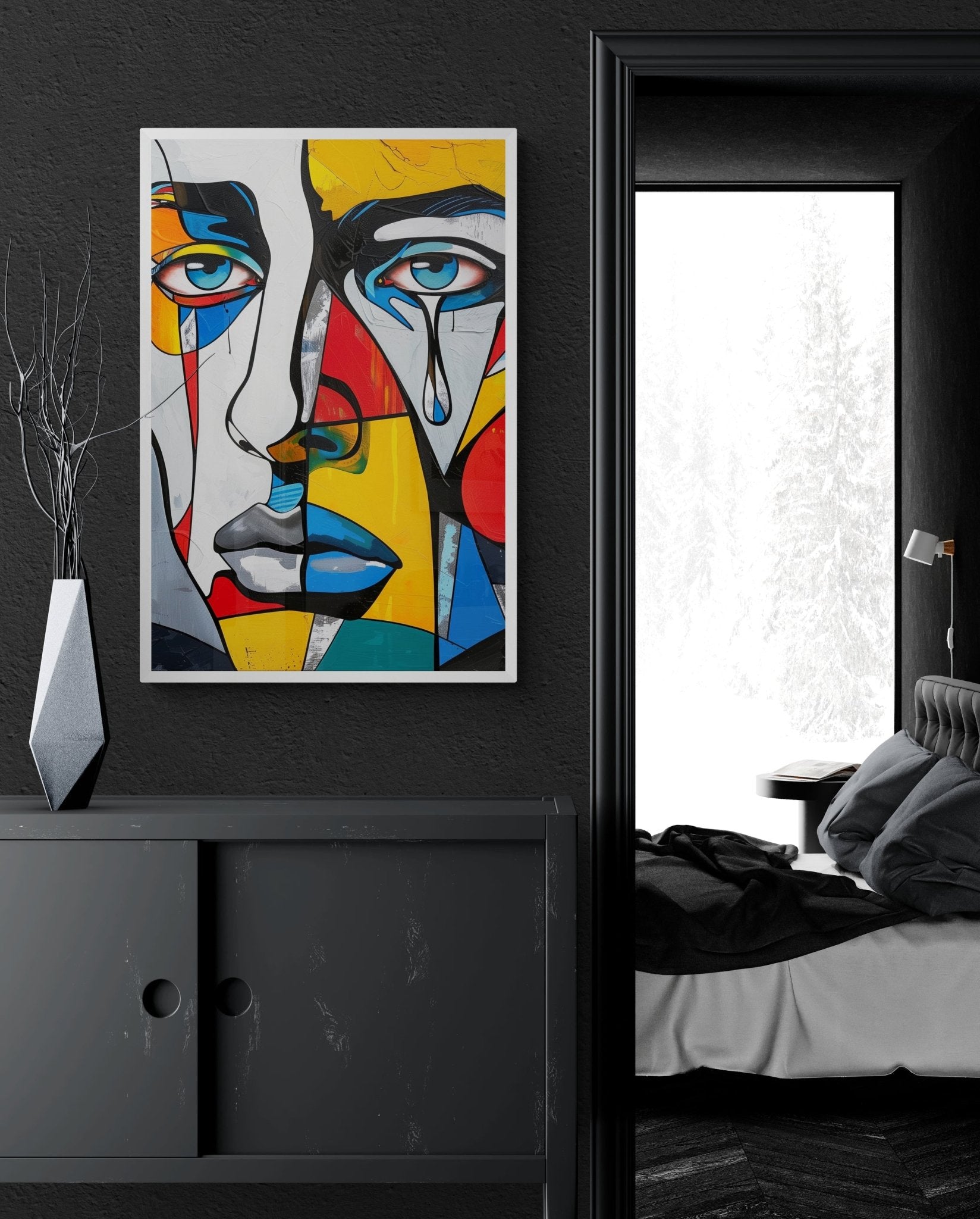 Modern abstract face painting with bold blue, yellow, and red accents from Milton Wes Art, bringing a touch of contemporary artistry to a sleek bedroom with dark walls and winter scenery visible through the window.