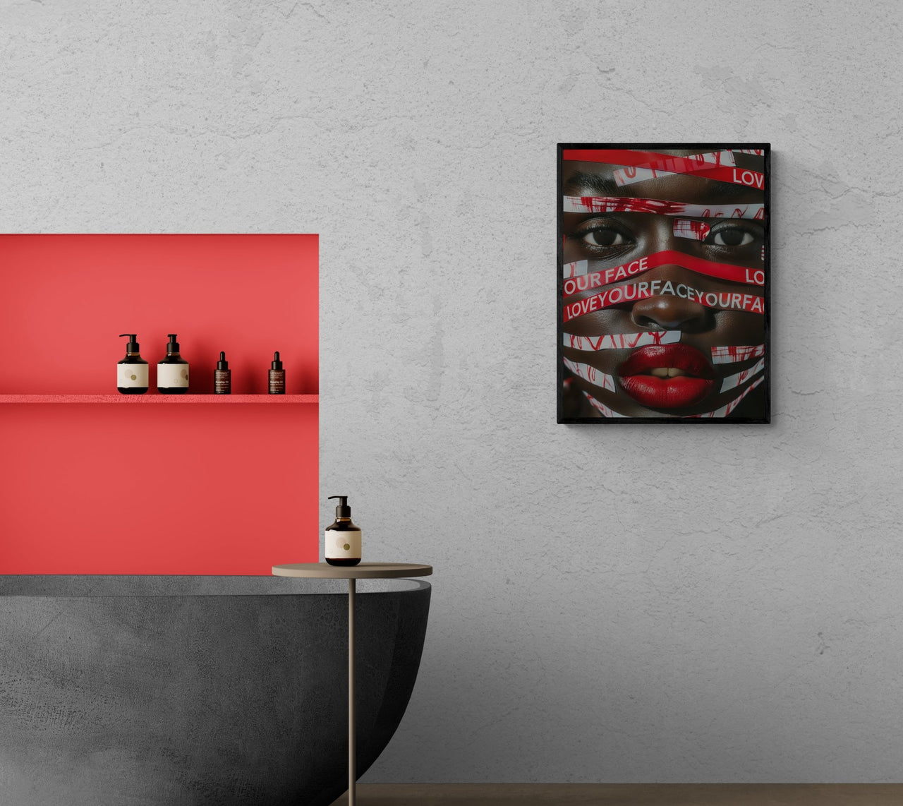 Captivating poster print from Milton Wes Art featuring a close-up of lips behind typographic ribbons with the words 'LOVE YOUR FACE,' set against a textured wall, contrasting with a bold red shelf with stylish bottles, available at miltonwesart.com, Harlem NYC