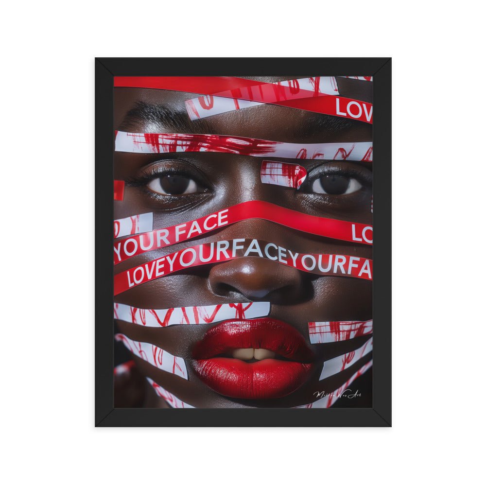 Inspirational 'Love Your Face' framed poster with a close-up portrait of a woman, featuring bold red lip color and text overlay for modern decor.
