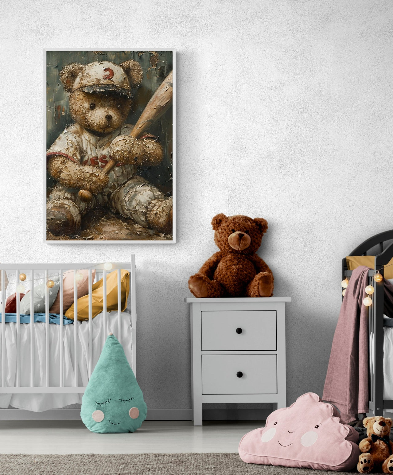 Nostalgic canvas print of a teddy bear in a baseball outfit, part of a charming nursery decor collection from Milton Wes Art, displayed on a wall in a cozy baby's room setting, available at miltonwesart.com in Harlem, NYC