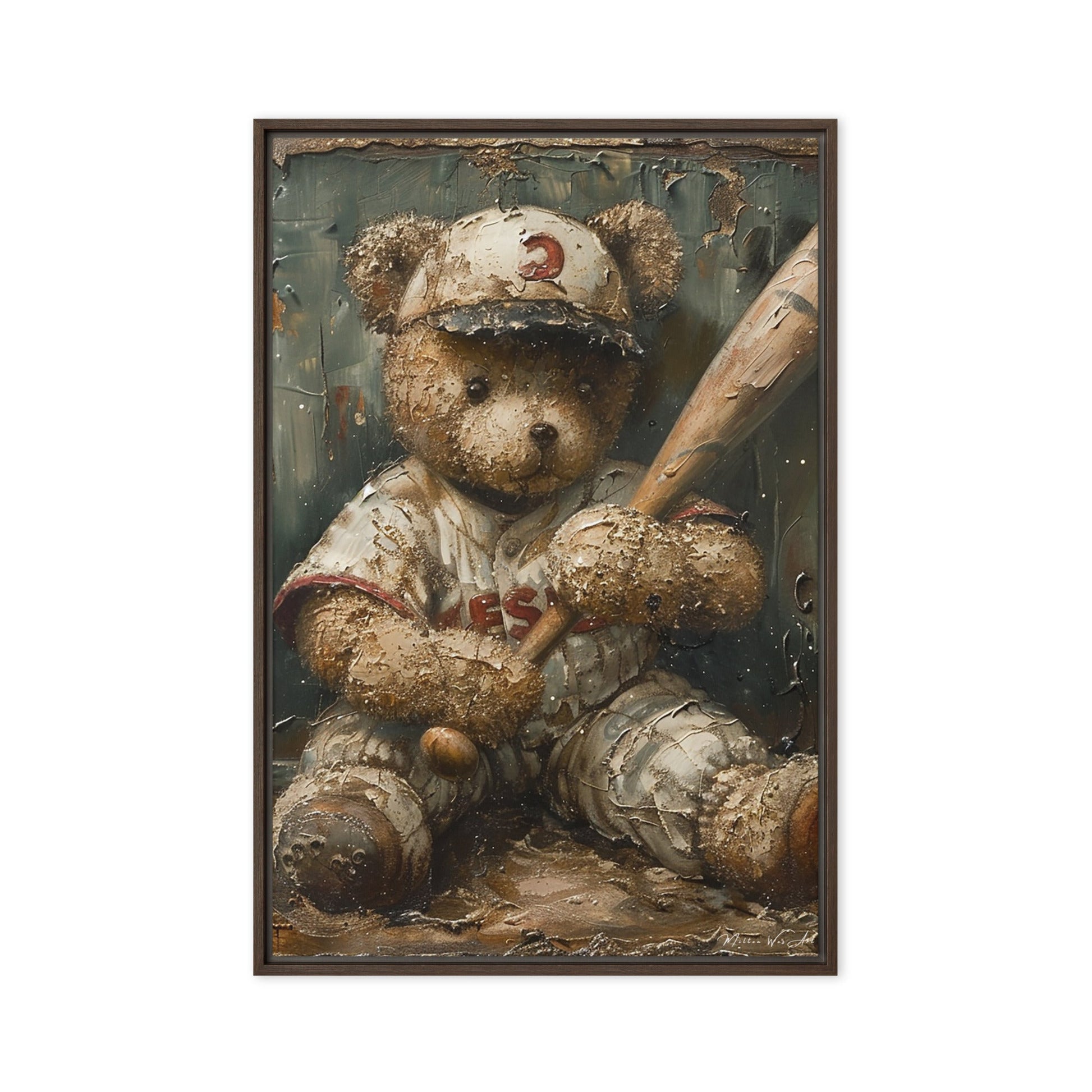 Slugging Cubbie Canvas Print - Vintage Baseball Teddy Art - Milton Wes Art Framed Wall Art