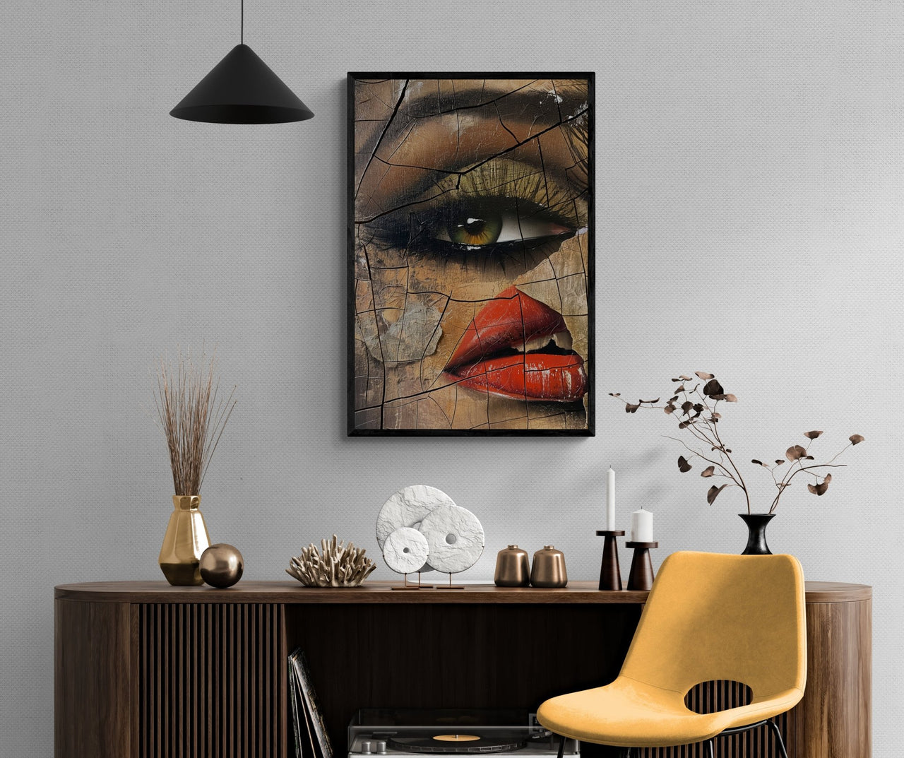 Intriguing framed canvas print from Milton Wes Art, depicting an up-close, textured portrayal of a woman's eye and lips, set in a chic room with modern decor, available at miltonwesart.com, Harlem NYC