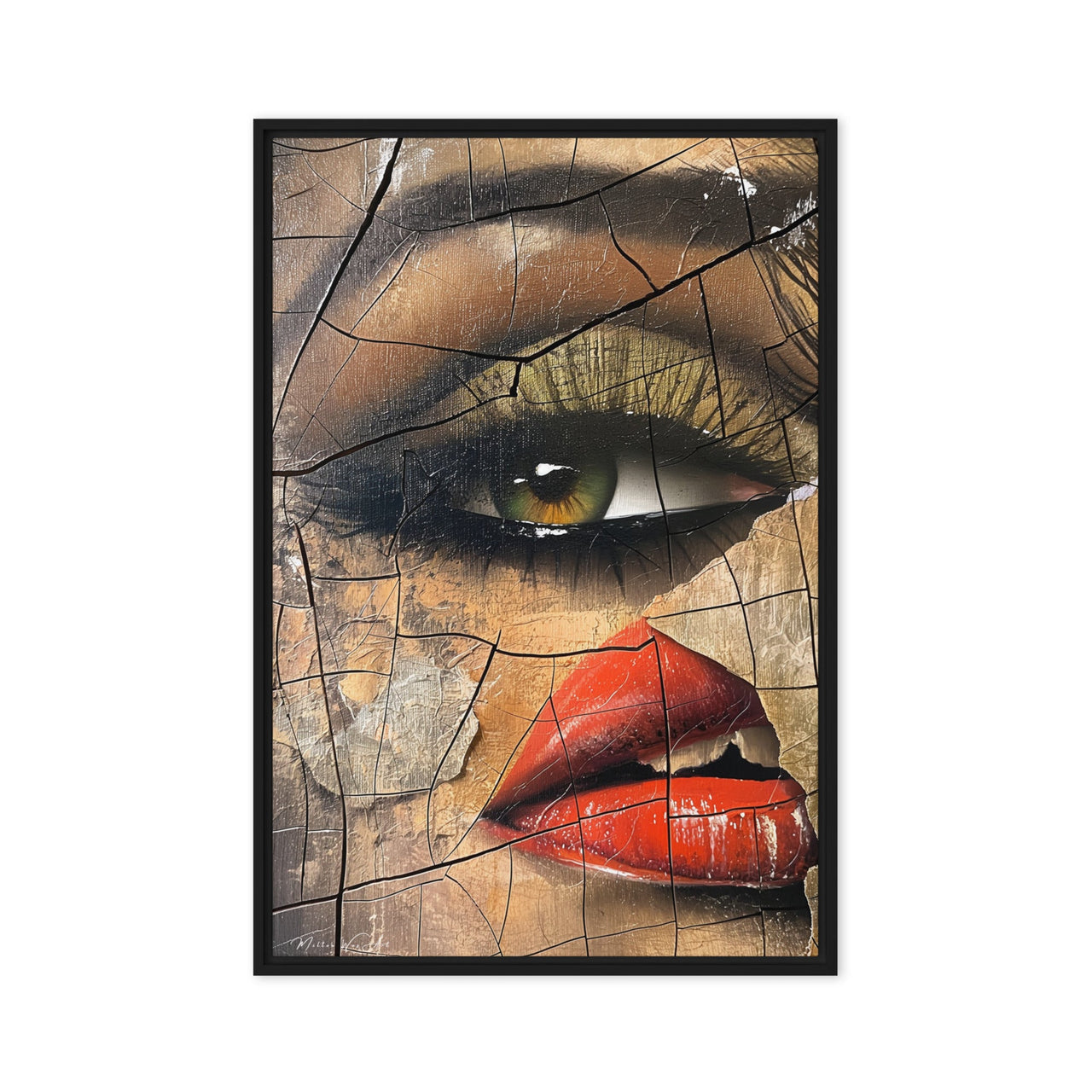 Intriguing framed canvas print from Milton Wes Art, depicting an up-close, textured portrayal of a woman's eye and lips, set in a chic room with modern decor, available at miltonwesart.com, Harlem NYC