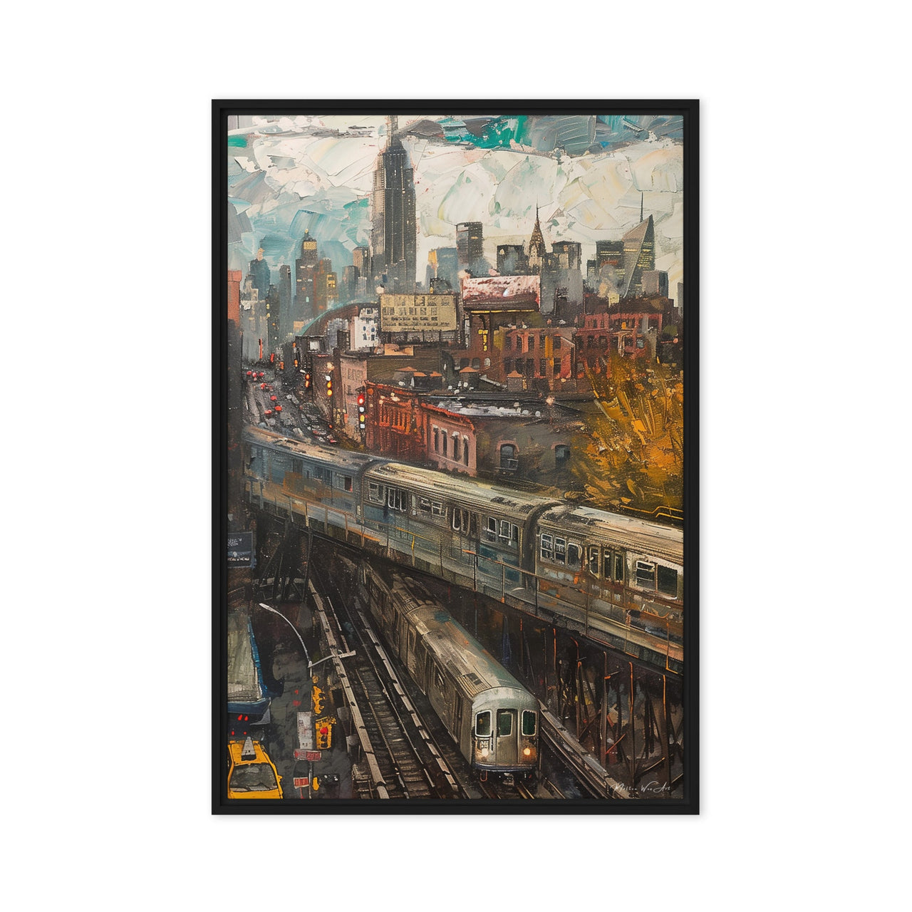 Urban landscape painting from Milton Wes Art, depicting a vibrant scene with a train crossing an overpass, set against a backdrop of historic buildings under a clear blue sky, enhancing the decor above a Scandinavian-style sideboard.