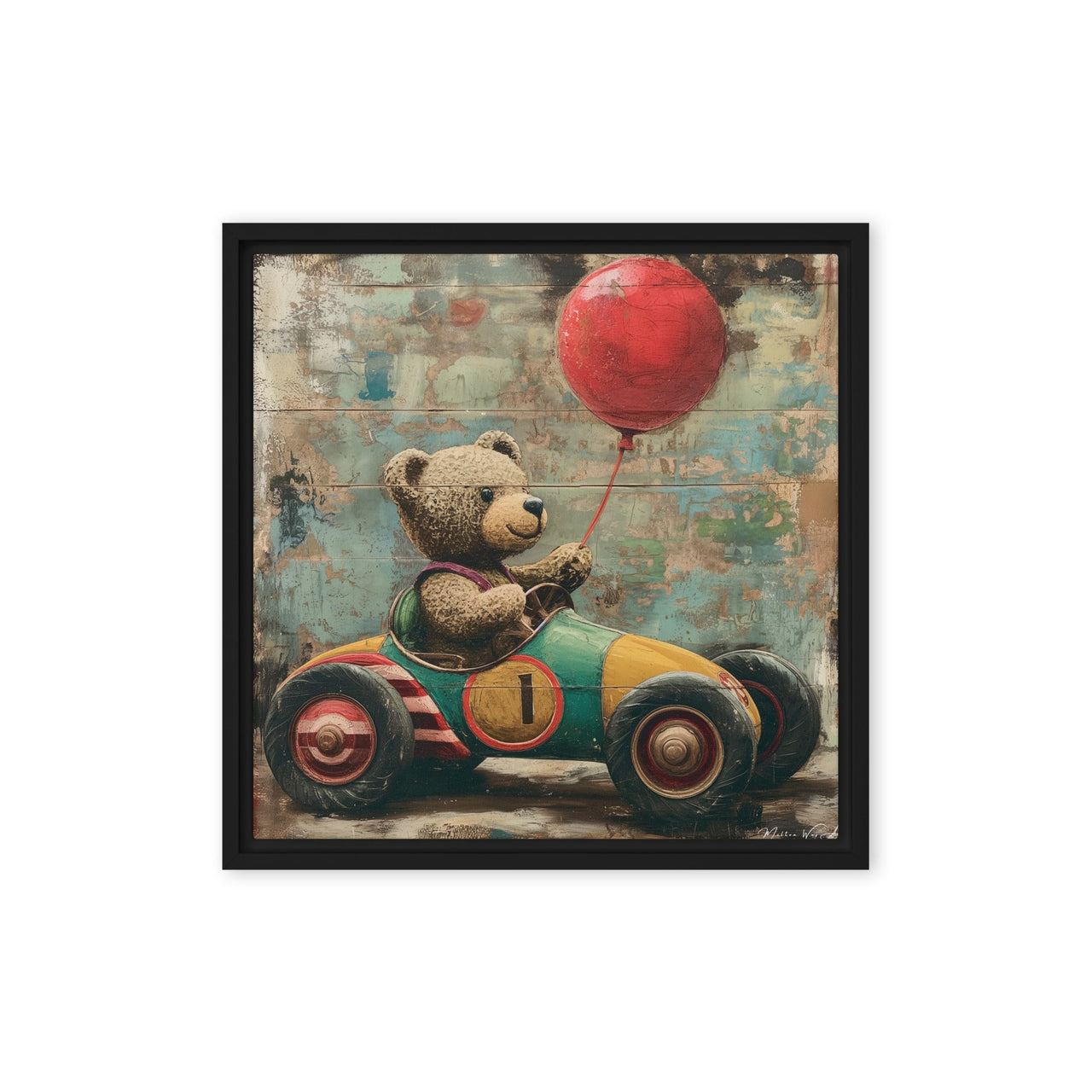 Vintage Teddy Racer with Red Balloon - Nostalgic Framed Canvas Art Print - Milton Wes Art Framed Wall Art