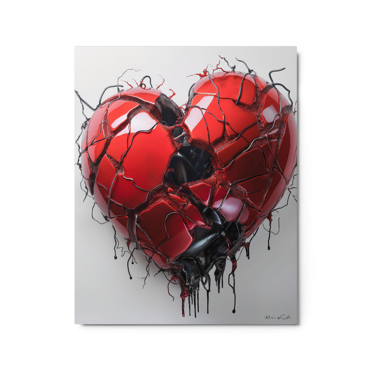 Artistic heart-shaped metal print with red and black textures, scratch and fade resistant by Milton Wes Art