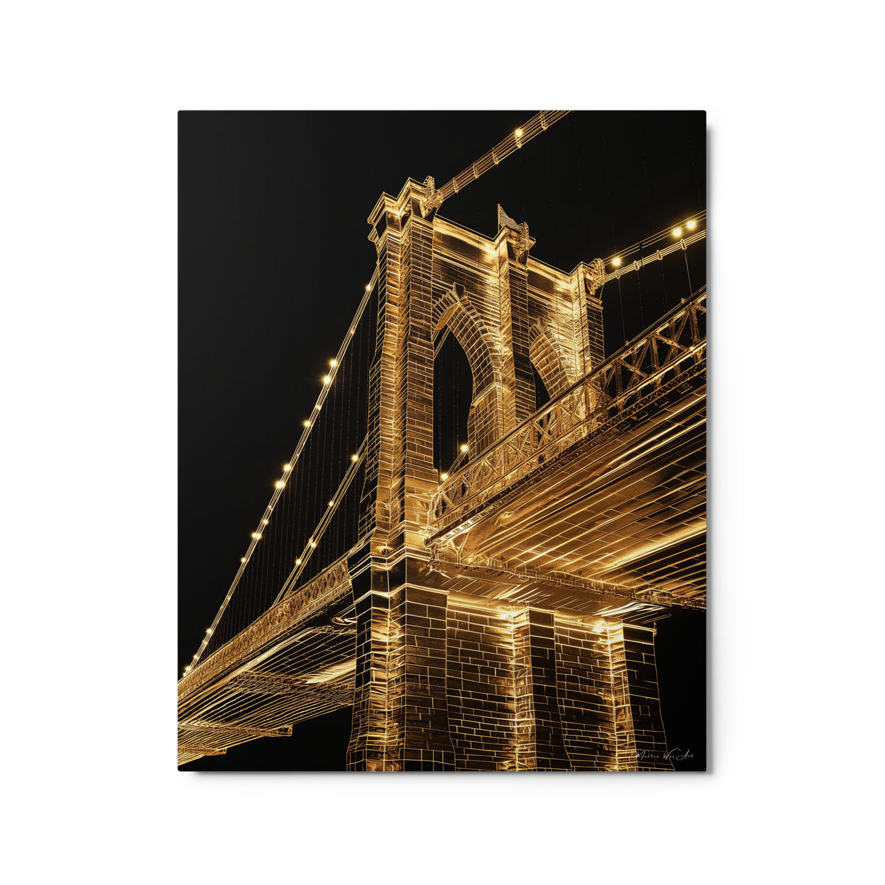 Brooklyn Bridge metal print night light in golden design by Milton Wes Art