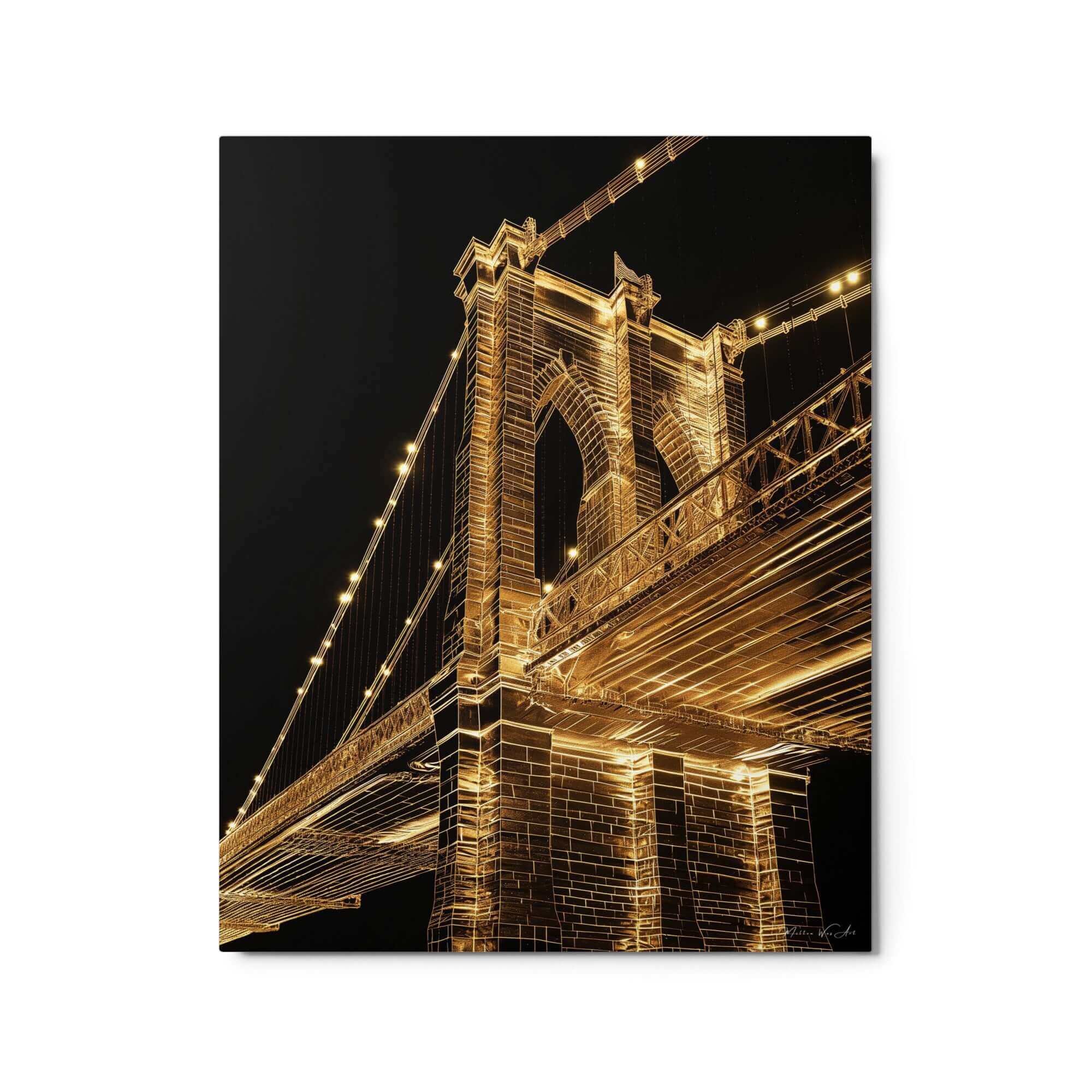 Exclusive limited edition metal print ‘Brooklyn Bridge Night Lights Metal Print - Framed Urban Wall Art’, offering vibrant, high-gloss abstract art in a one-of-a-kind collectible format by Milton Wes Art.