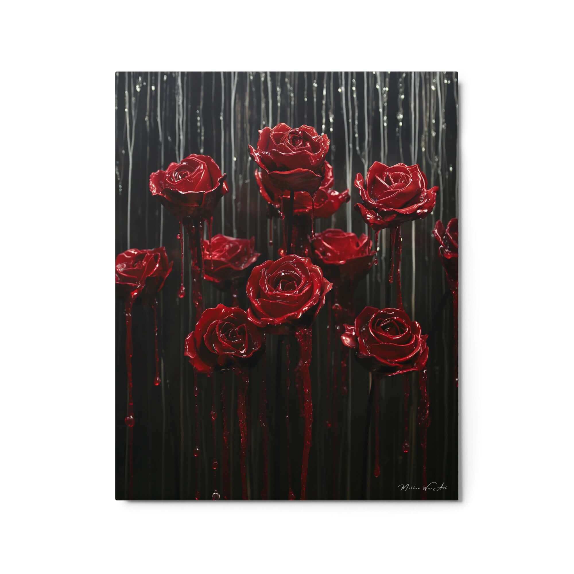 Exclusive metal print ‘Midnight Elegance Floral Metal Art | Red Roses Wall Decor’, showcasing limited edition contemporary art in a sleek, durable format by Milton Wes Art.