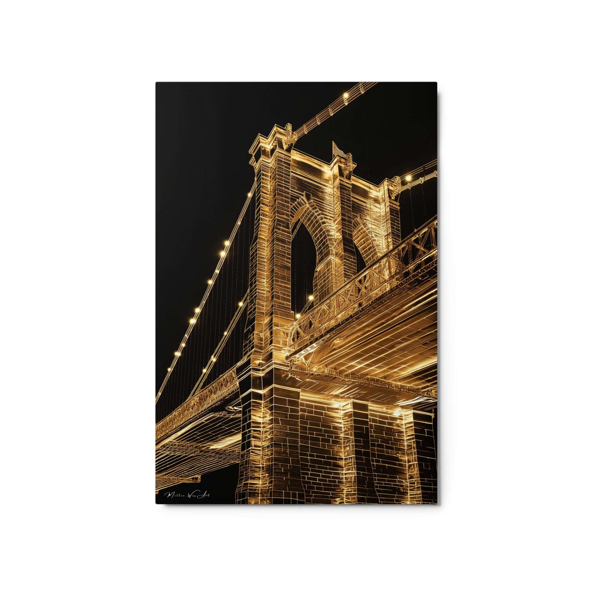 Exclusive limited edition metal print ‘Brooklyn Bridge Night Lights Metal Print - Framed Urban Wall Art’, offering vibrant, high-gloss abstract art in a one-of-a-kind collectible format by Milton Wes Art.