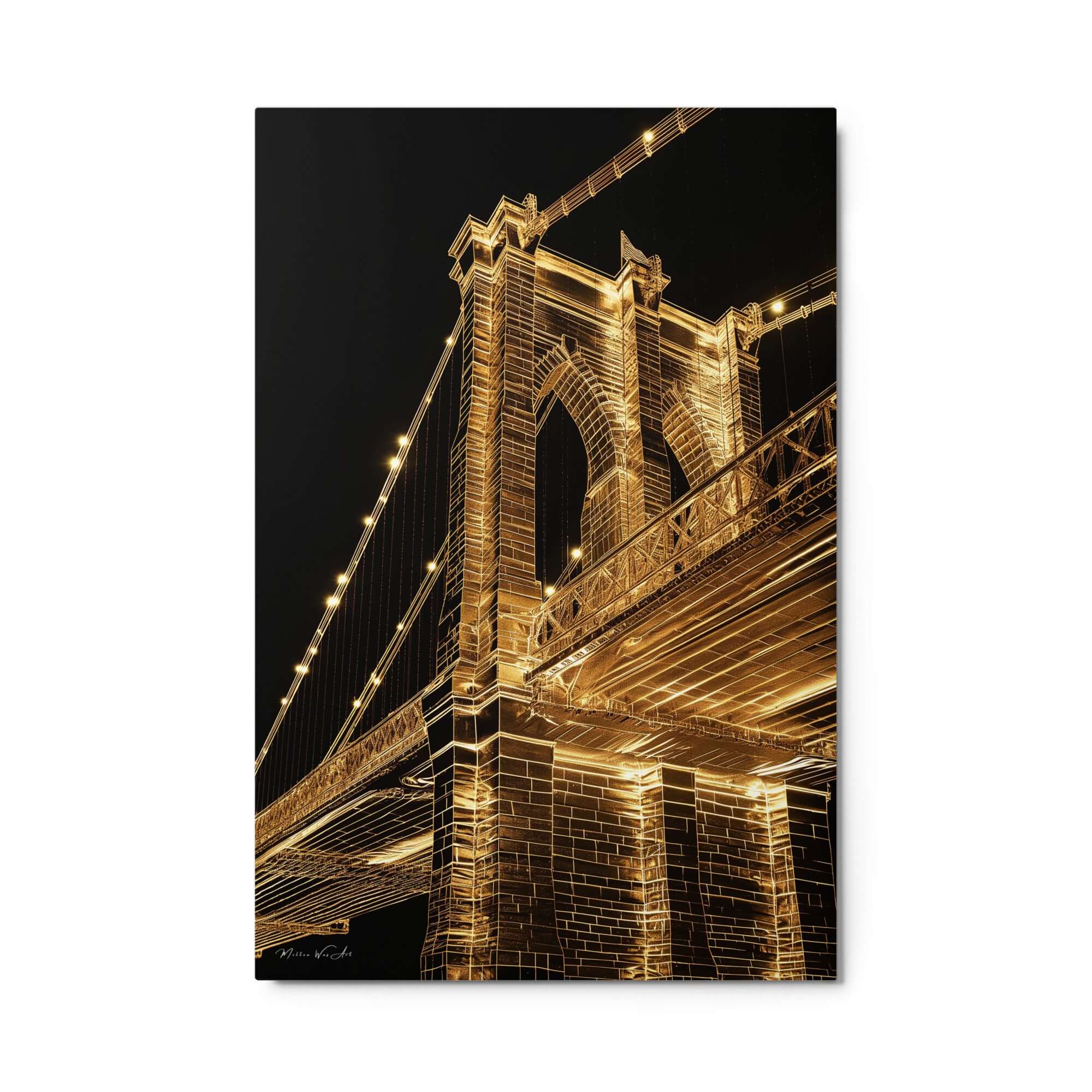 Exclusive limited edition metal print ‘Brooklyn Bridge Night Lights Metal Print - Framed Urban Wall Art’, offering vibrant, high-gloss abstract art in a one-of-a-kind collectible format by Milton Wes Art.