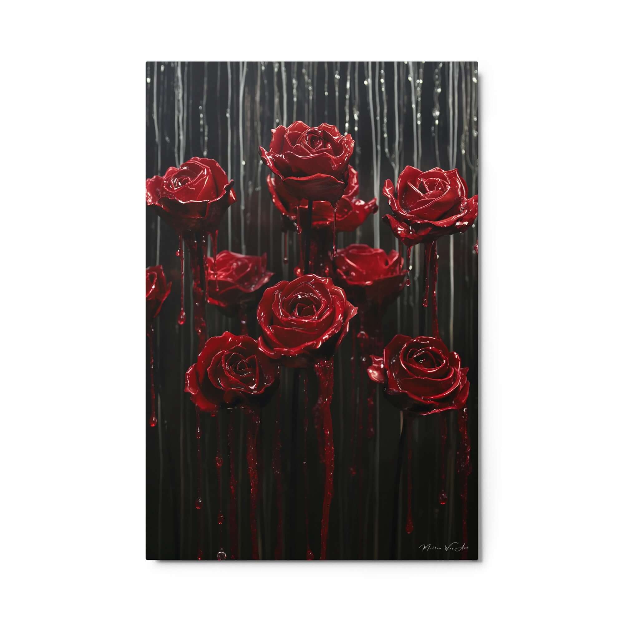 Exclusive metal print ‘Midnight Elegance Floral Metal Art | Red Roses Wall Decor’, showcasing limited edition contemporary art in a sleek, durable format by Milton Wes Art.