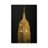 High-gloss metal art print ‘Golden Empire State Building Art | Art Deco Wall Decor’, highlighting African-American cultural motifs in an abstract modern design by Milton Wes Art.”