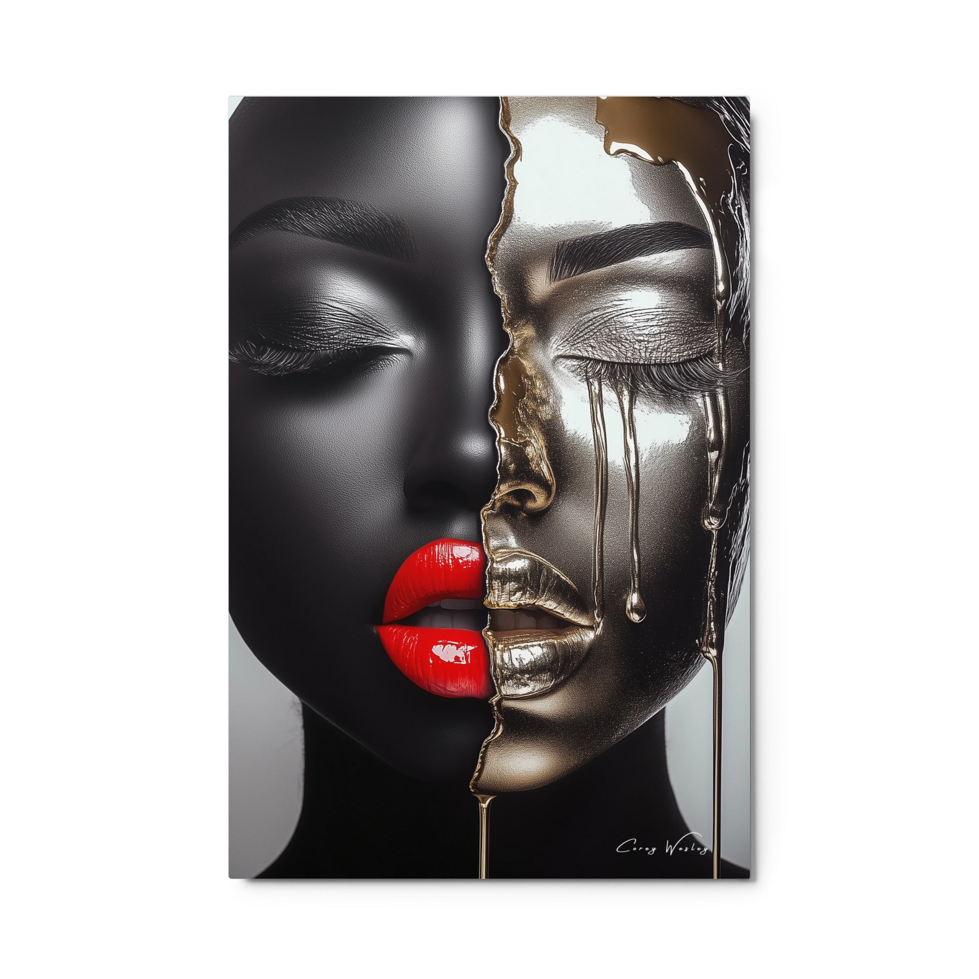 Luxury metal wall art titled "Algorithmic Eve" by Harlem artist Corey Wesley – limited collector’s edition featuring bold, symbolic digital design

