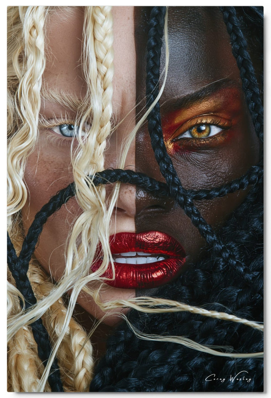 Credit Where Credit Is Due by Corey Wesley, split face with blonde and black braids on a one-of-one 24 × 36 archival aluminum work