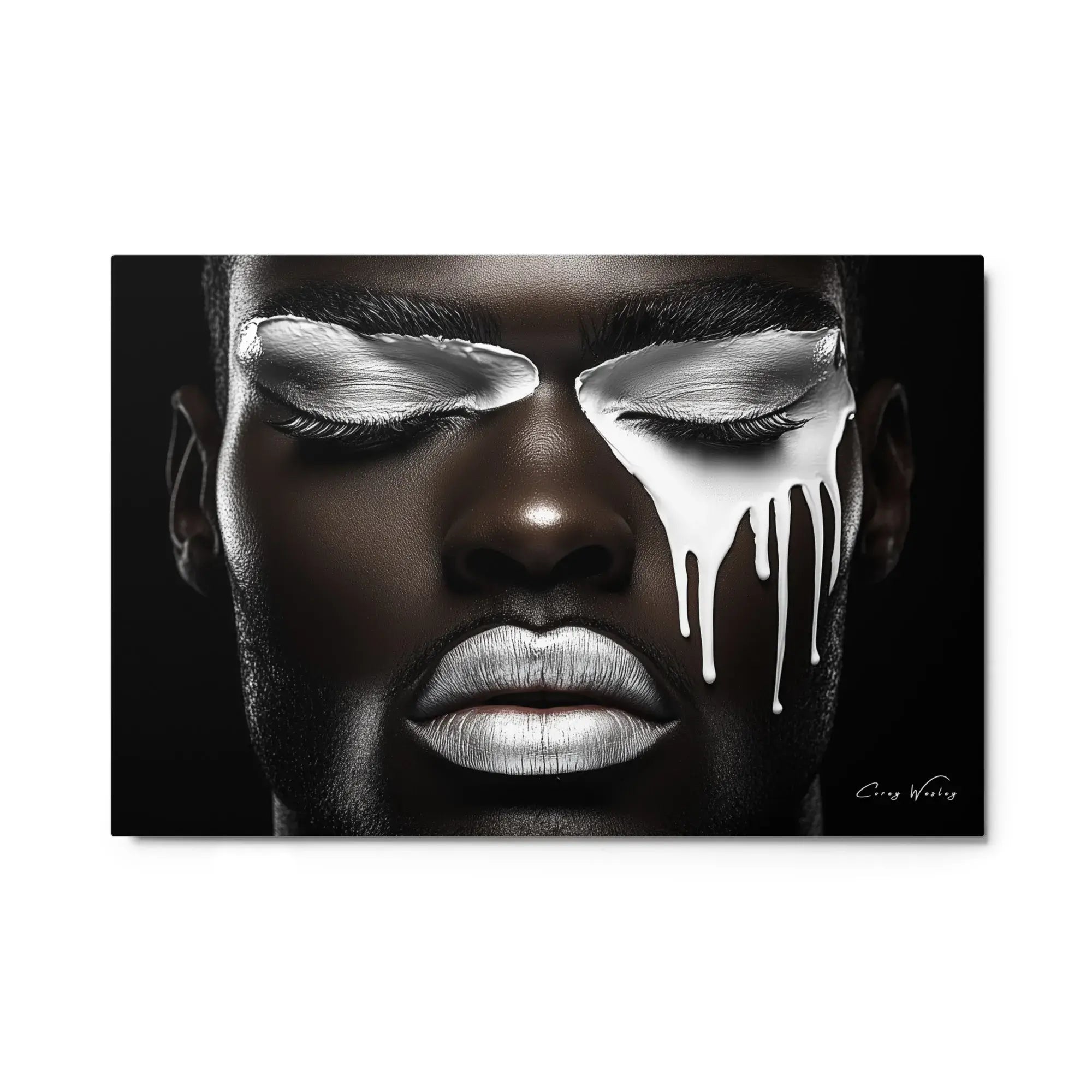 Luxury metal wall art by Corey Wesley – Unapologetic Awakening, 35x24 inches, a striking high-contrast piece for luxury interiors.