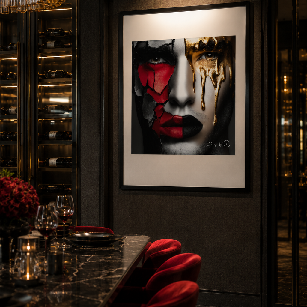 Gold Doesn't Heal" by Corey Wesley — one of one framed contemporary artwork, red-cracked and gold-drip face, shown in a dark luxury dining room, Milton Wes Art, Harlem NYC.