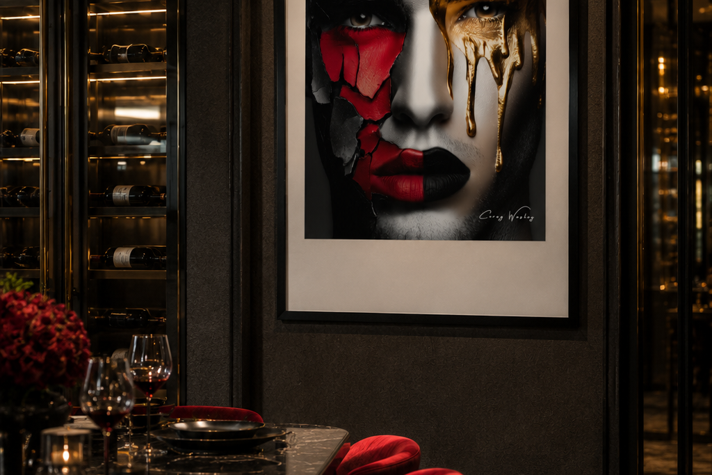 Gold Doesn't Heal" by Corey Wesley — one of one framed contemporary artwork, red-cracked and gold-drip face, shown in a dark luxury dining room, Milton Wes Art, Harlem NYC.
