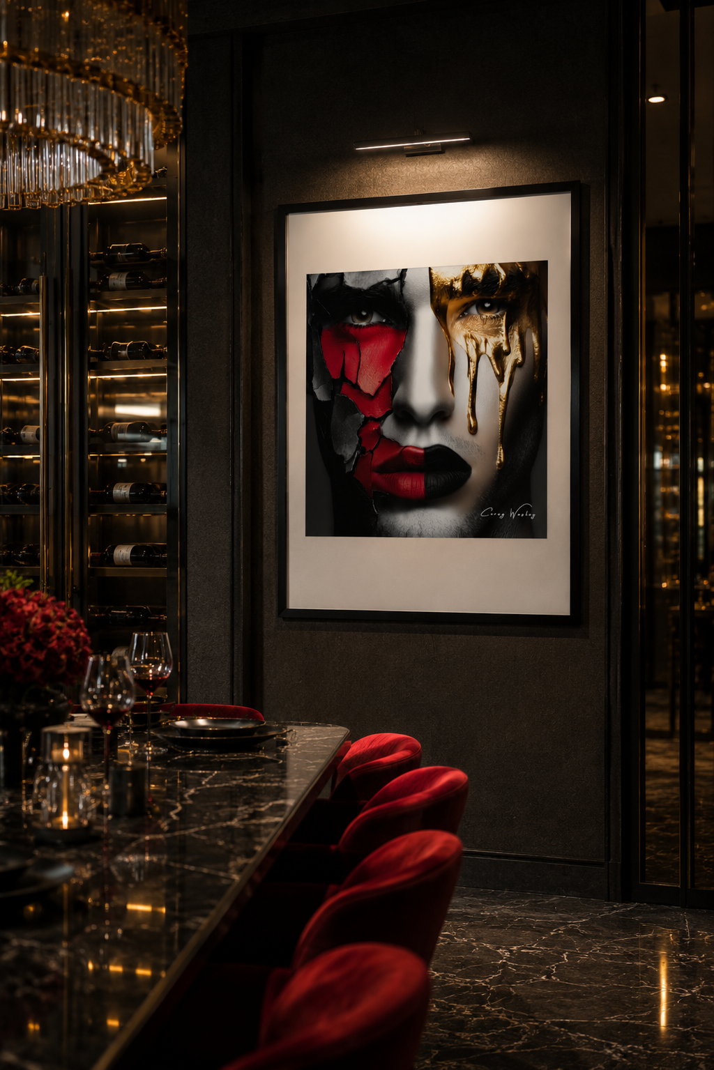 Gold Doesn't Heal" by Corey Wesley — one of one framed contemporary artwork, red-cracked and gold-drip face, shown in a dark luxury dining room, Milton Wes Art, Harlem NYC.