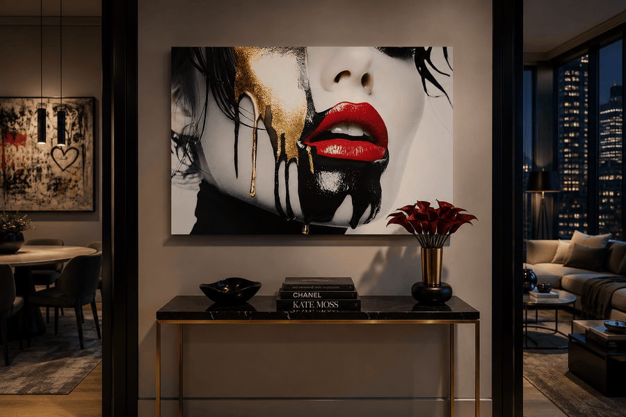 Golden Temptation II, one of one archival aluminum artwork by Harlem artist Corey Wesley, shown above a console table in an NYC apartment entryway, Milton Wes Art