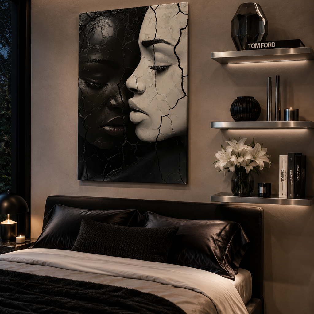 Harmony by Corey Wesley, 24x36 framed contemporary artwork displayed in modern luxury bedroom with warm ambient lighting, Milton Wes Art