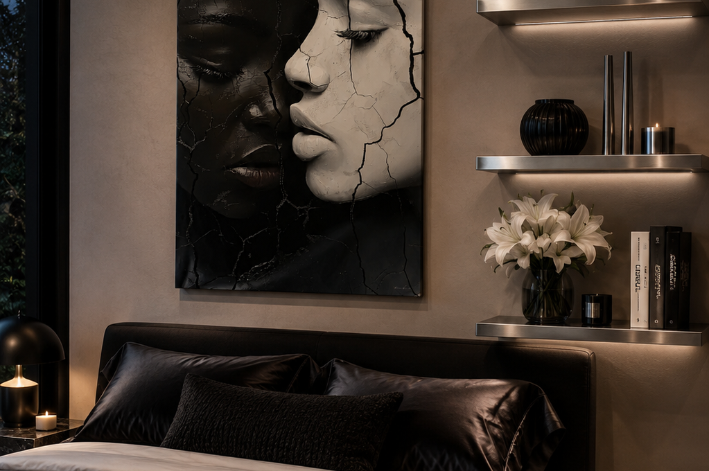 Harmony by Corey Wesley, 24x36 framed contemporary artwork displayed in modern luxury bedroom with warm ambient lighting, Milton Wes Art